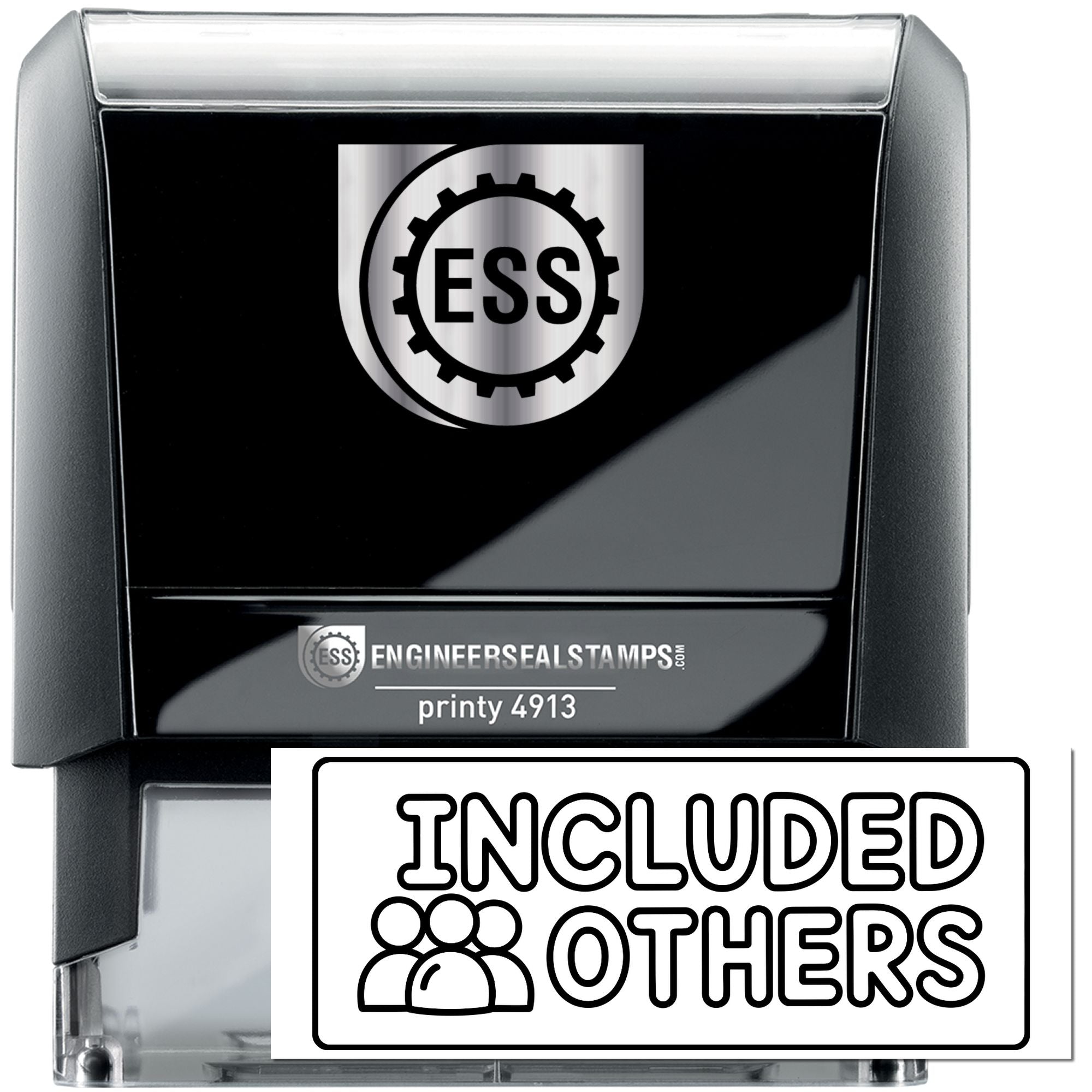 Black self-inking ESS engineer seal stamp with silver logo and clear housing, plus Included Others badge.