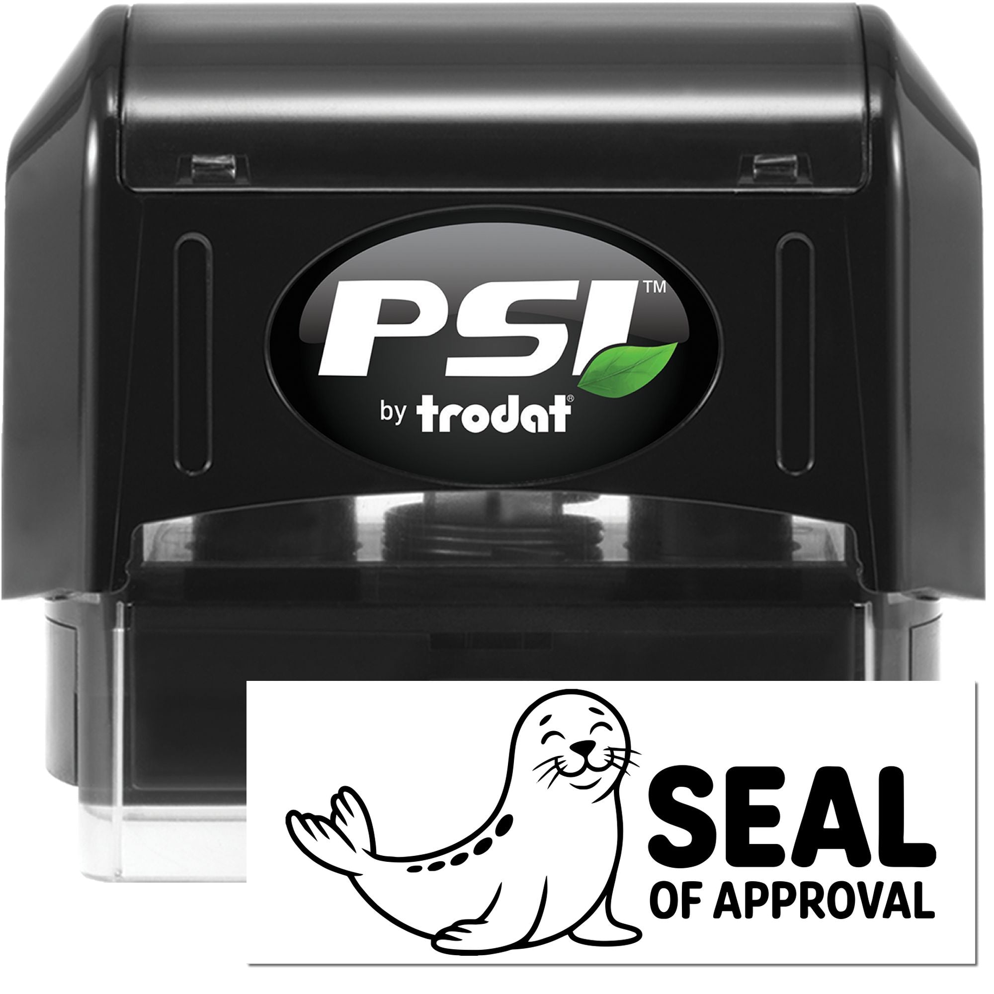 Black PSI by Trodat self-inking stamp with green leaf logo and white Seal of Approval card with black seal graphic.