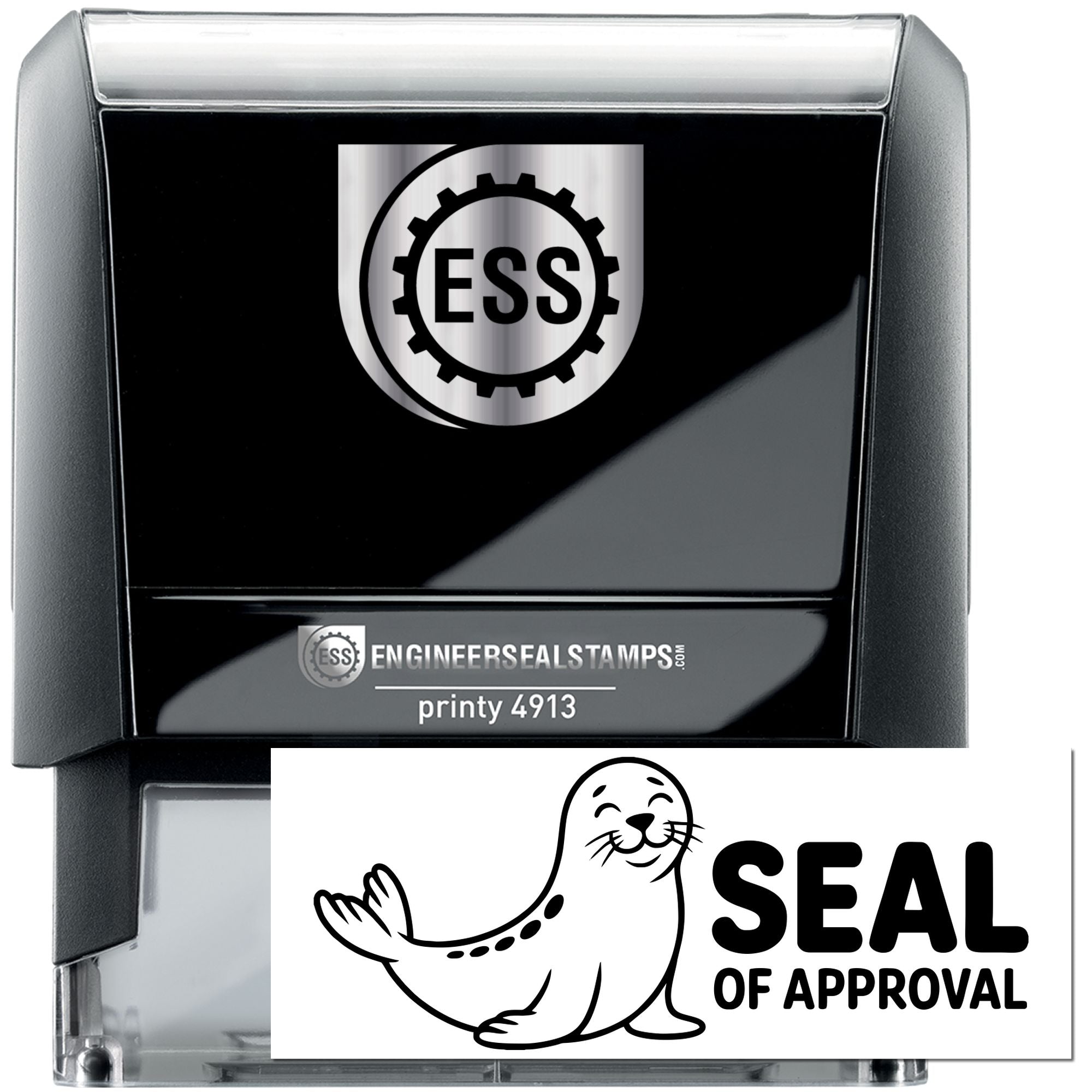 Black self-inking stamp and seal with silver top, ESS logo, and Seal of Approval otter graphic.