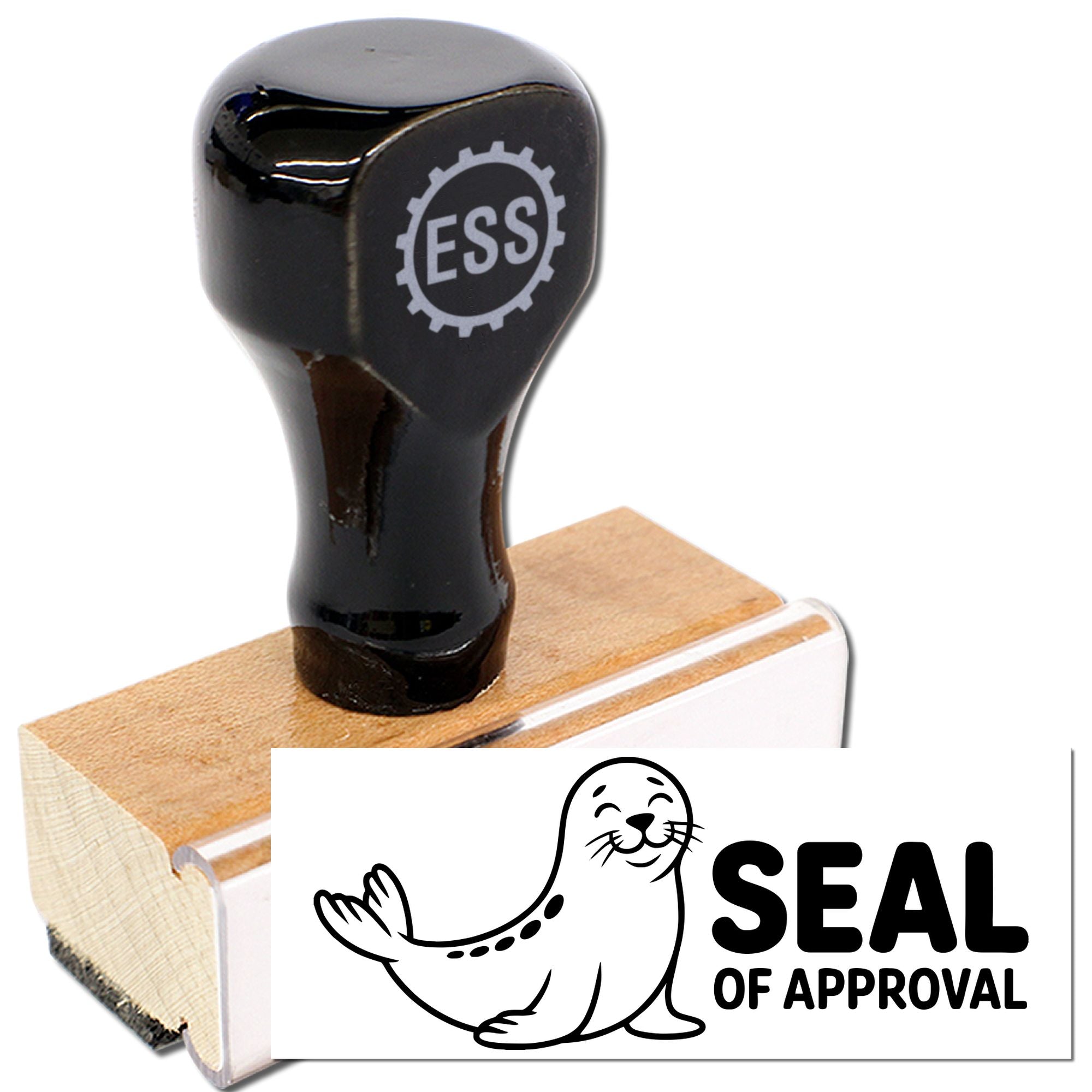 Black self-inking approval stamp on wooden block with white seal graphic and SEAL OF APPROVAL text