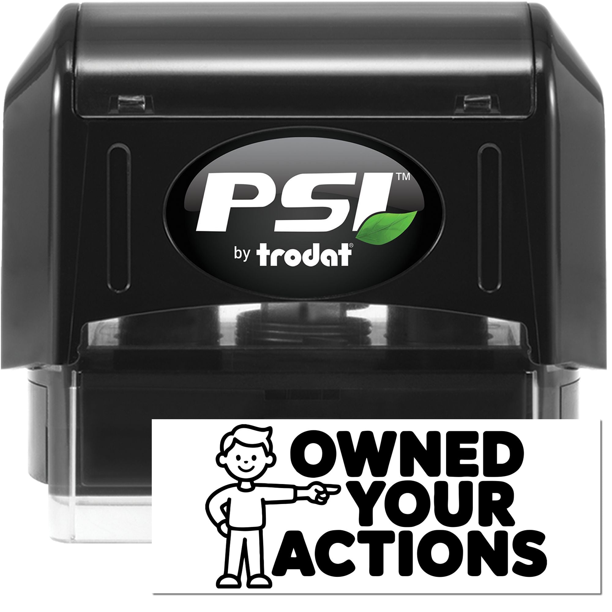 Black PSI by Trodat self-inking stamp and seal with green leaf logo and Owned Your Actions design on white background.
