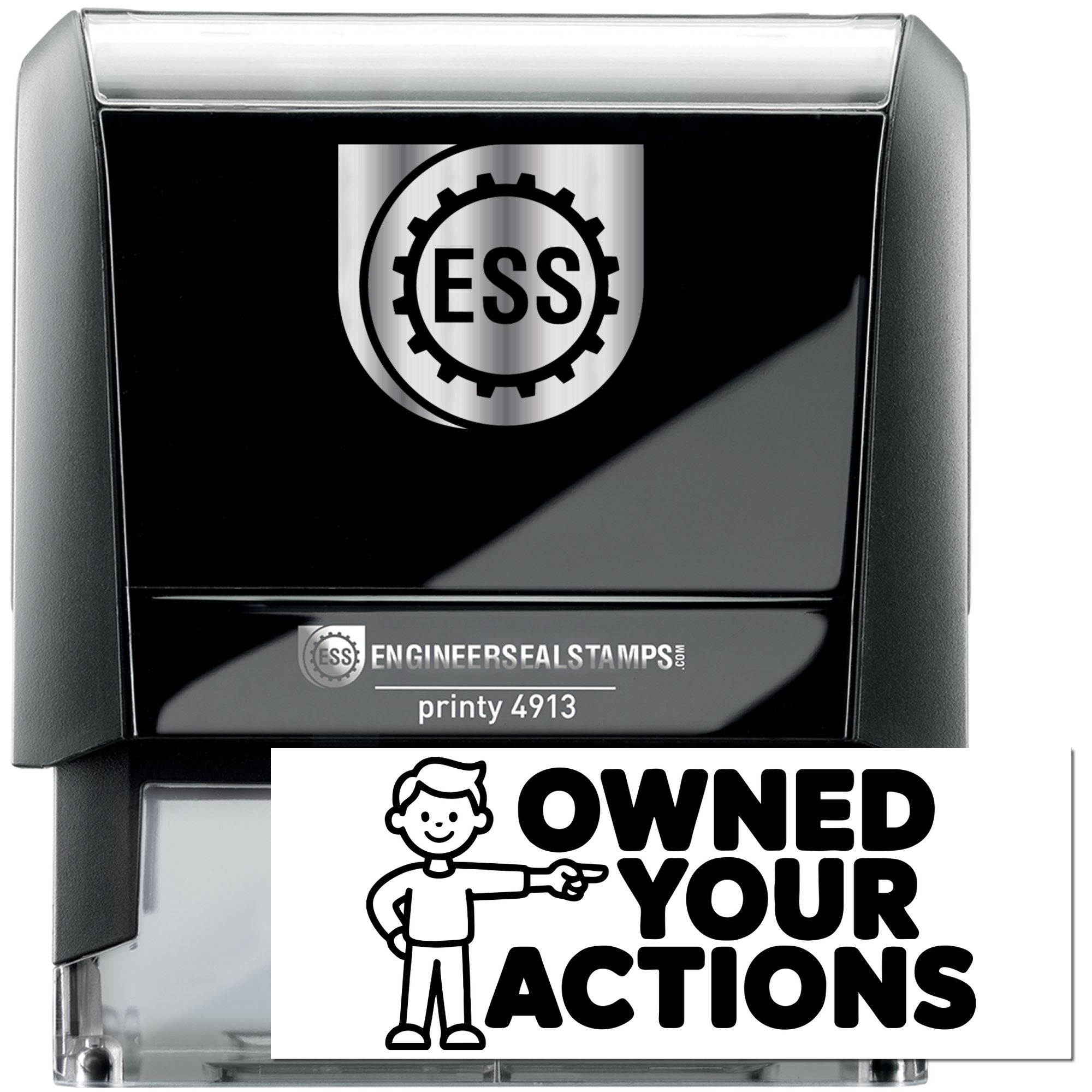 Black self-inking engineer seal stamp with silver ESS gear logo, clear case, and bold Owned Your Actions insert.