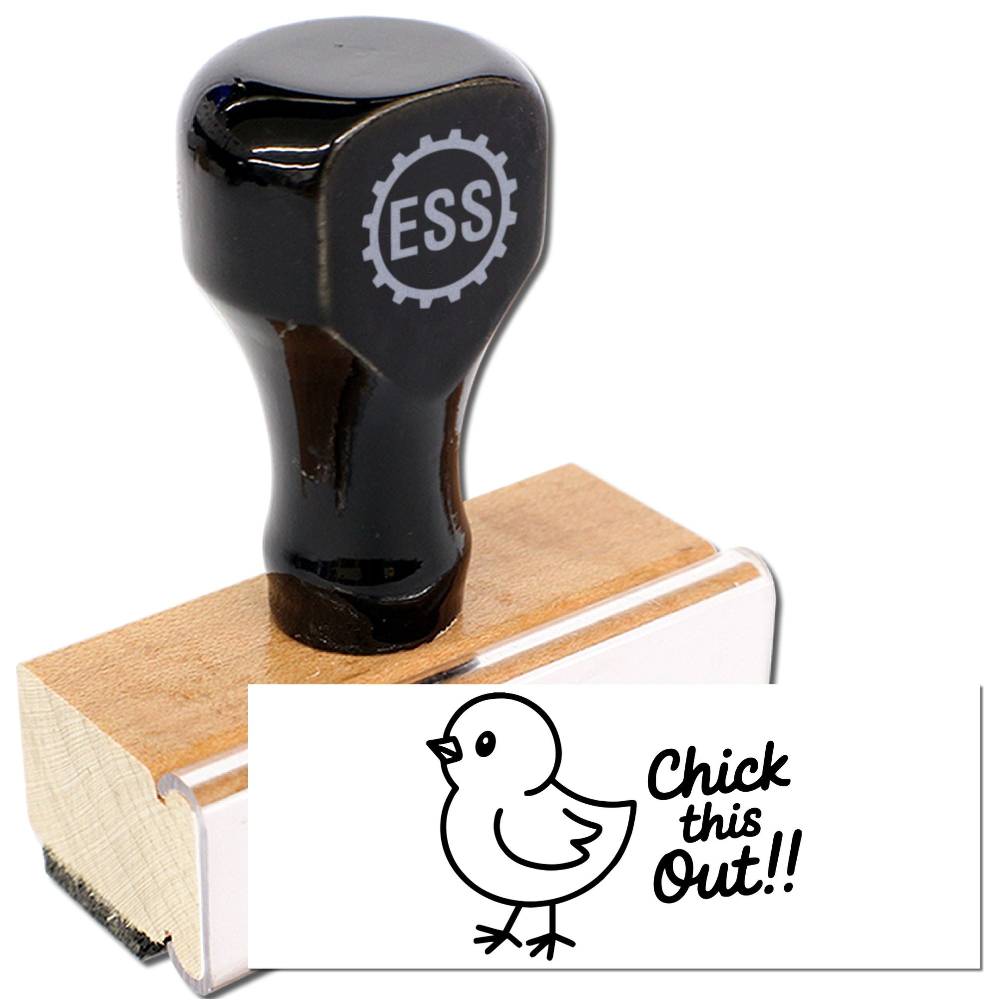 Black ESS stamp and seal with wooden base, showing a chick outline and Chick this Out!! on white background.