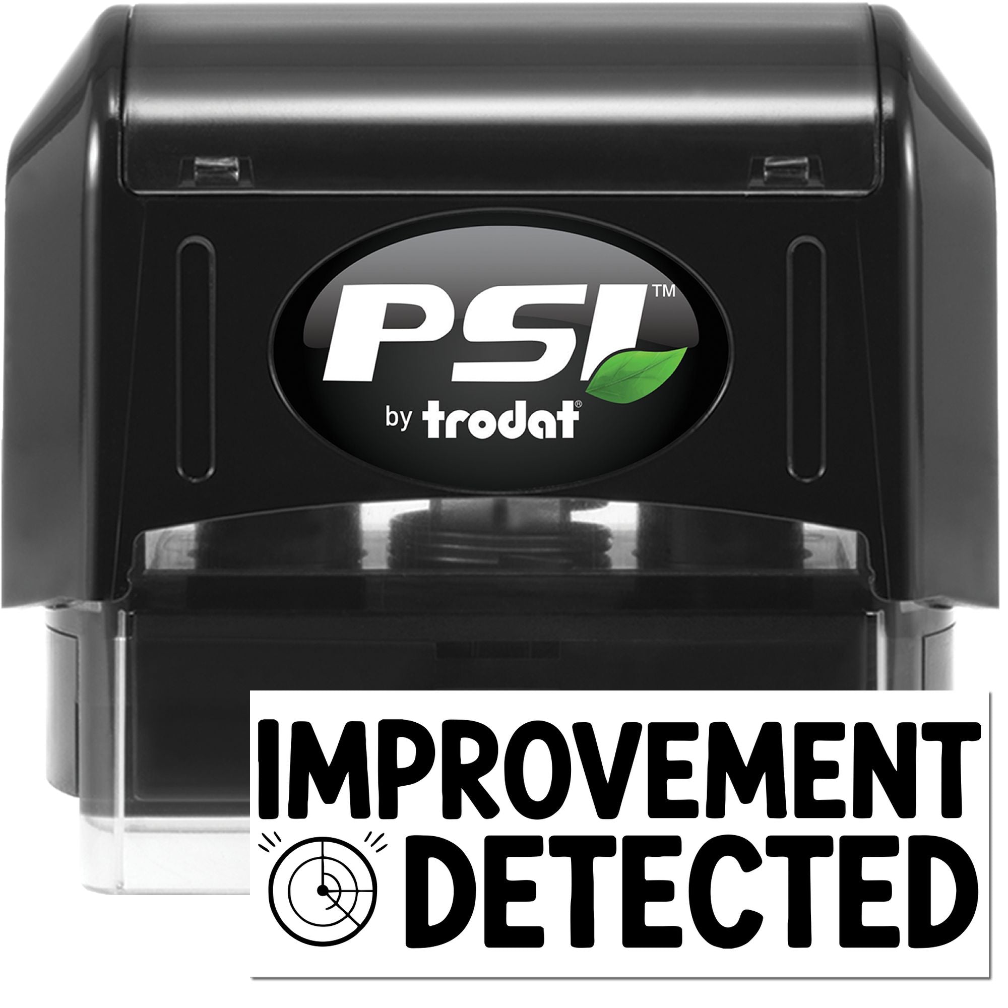 Black PSI by Trodat self-inking stamp and seal with IMPROVEMENT DETECTED text and target icon on white background.