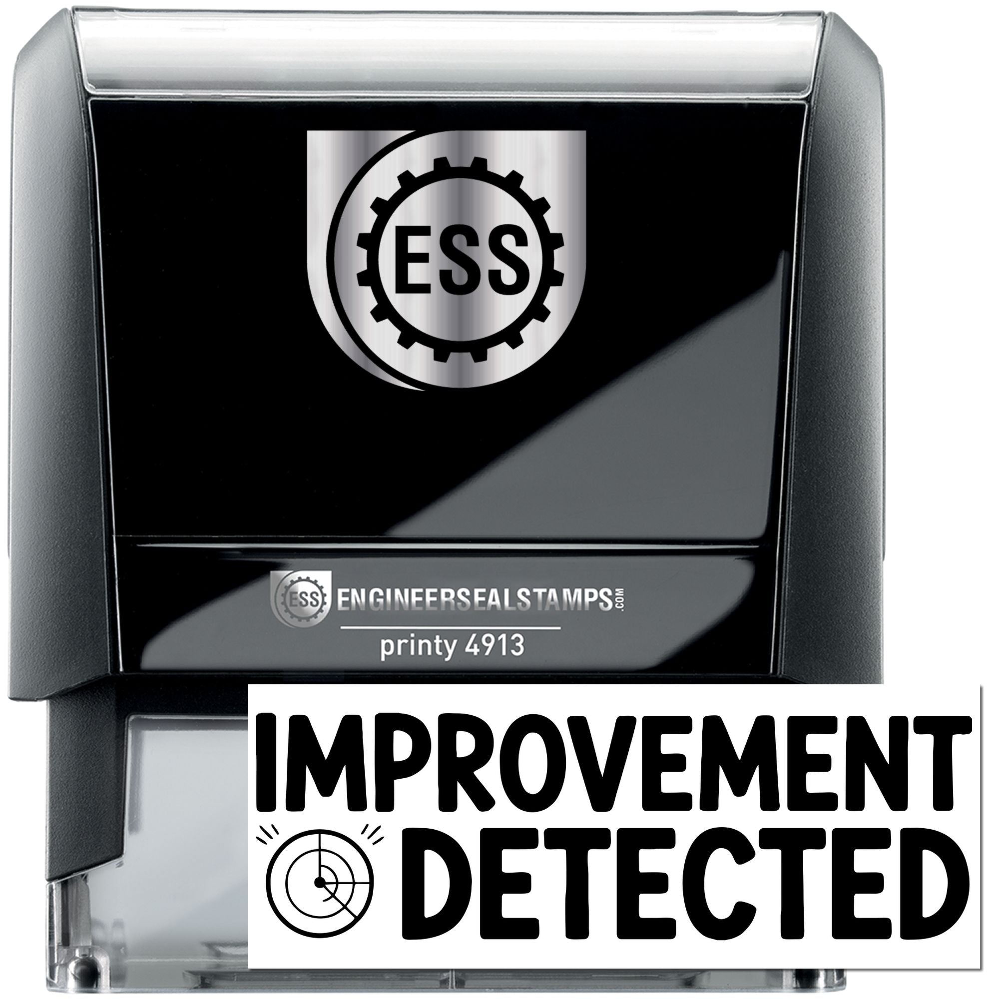 Black ESS self-inking stamp and clear seal products, with silver accents and gray casing; seal reads IMPROVEMENT DETECTED.