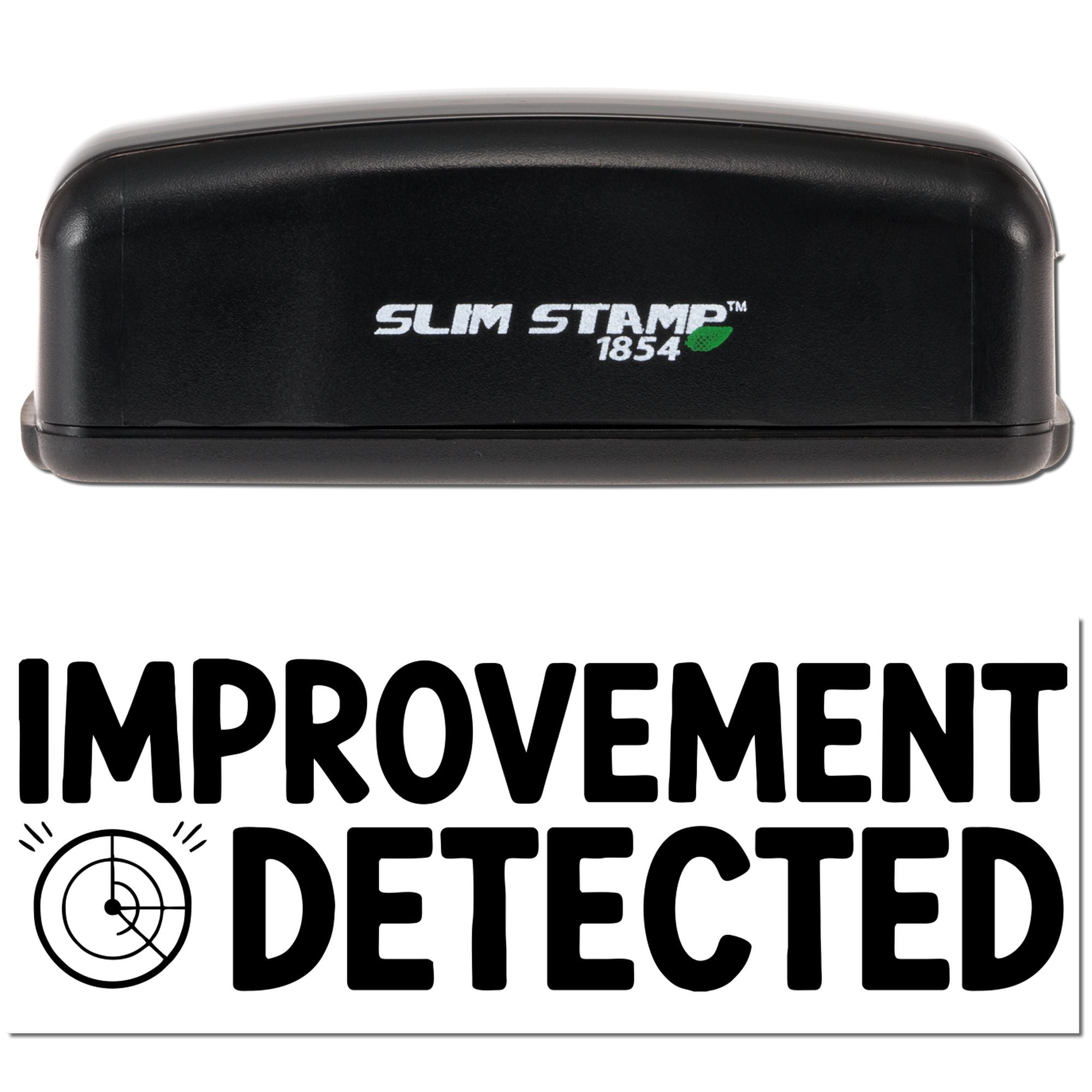 Black Slim Stamp 1854 embossing seal with white logo and bold IMPROVEMENT DETECTED text on a white background.