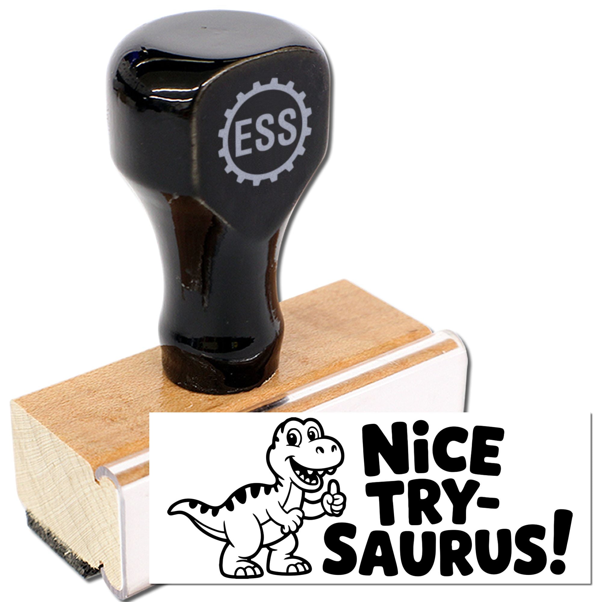 Black rubber stamp on wooden base, with a white seal showing a cartoon dinosaur and bold Nice Try-Saurus! text.