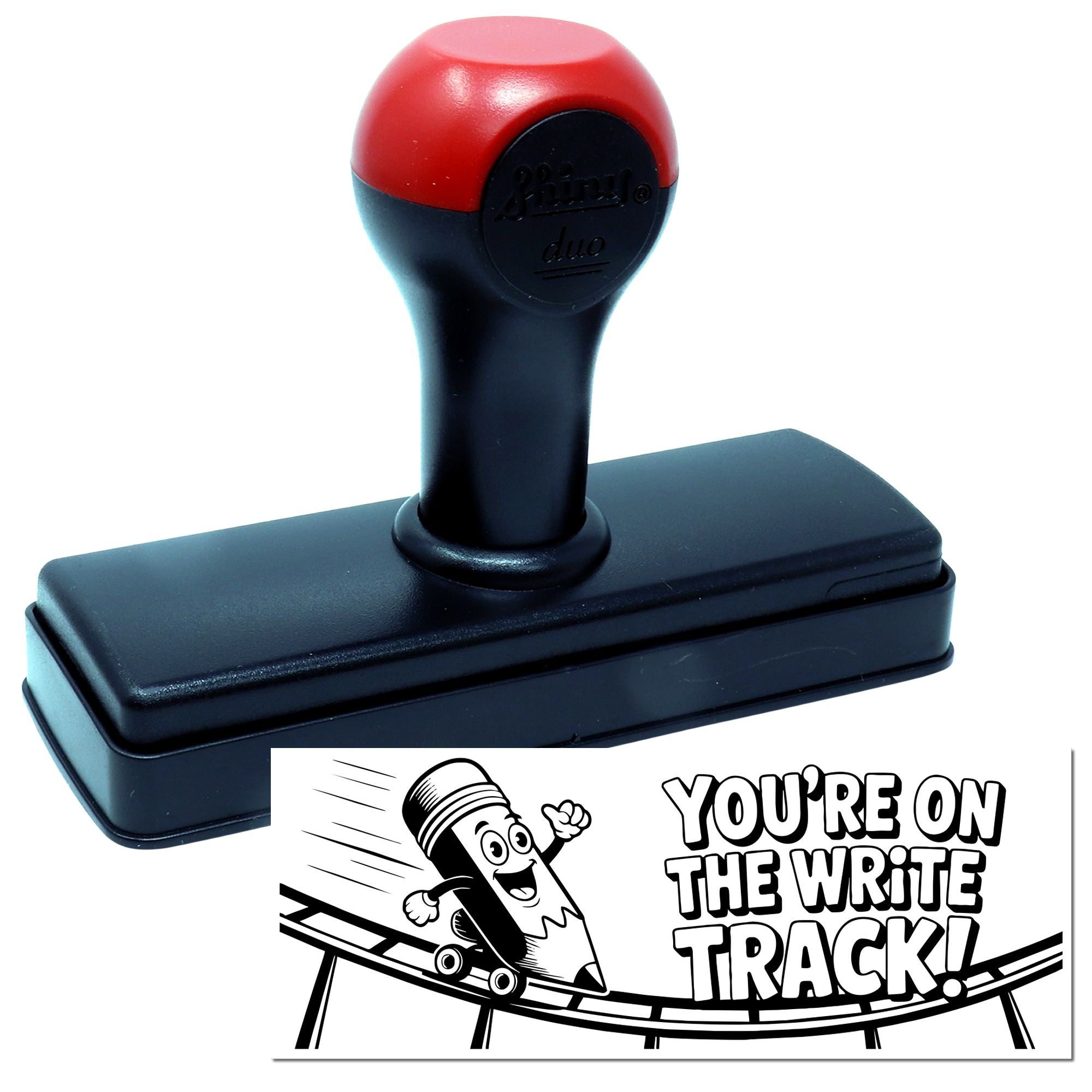 Red and black self-inking stamp and seal with rectangular base, featuring a pencil skateboard and Youre on the write track!