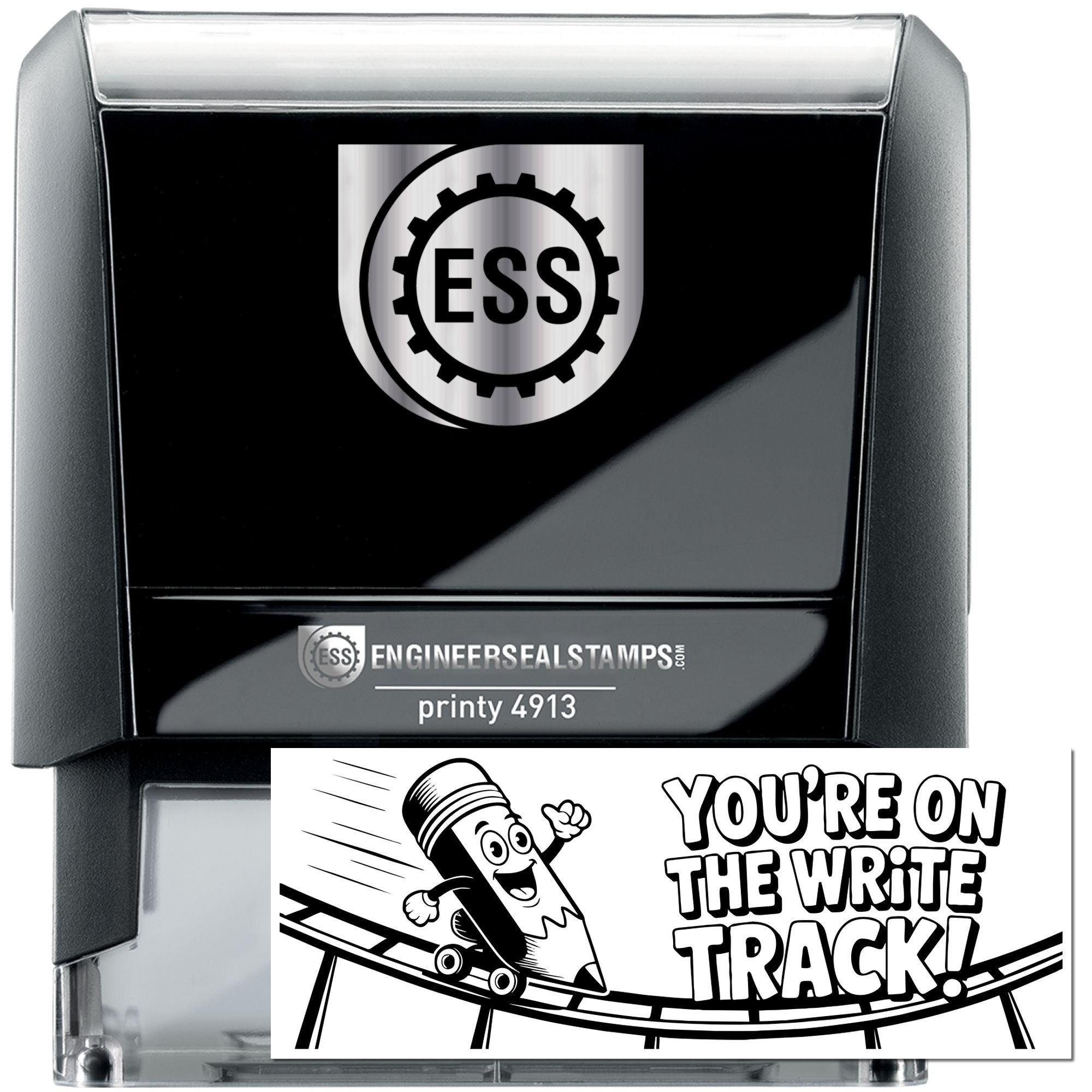 Black self-inking engineer seal stamp with silver top, ESS logo, and white "You're on the write track!" design.