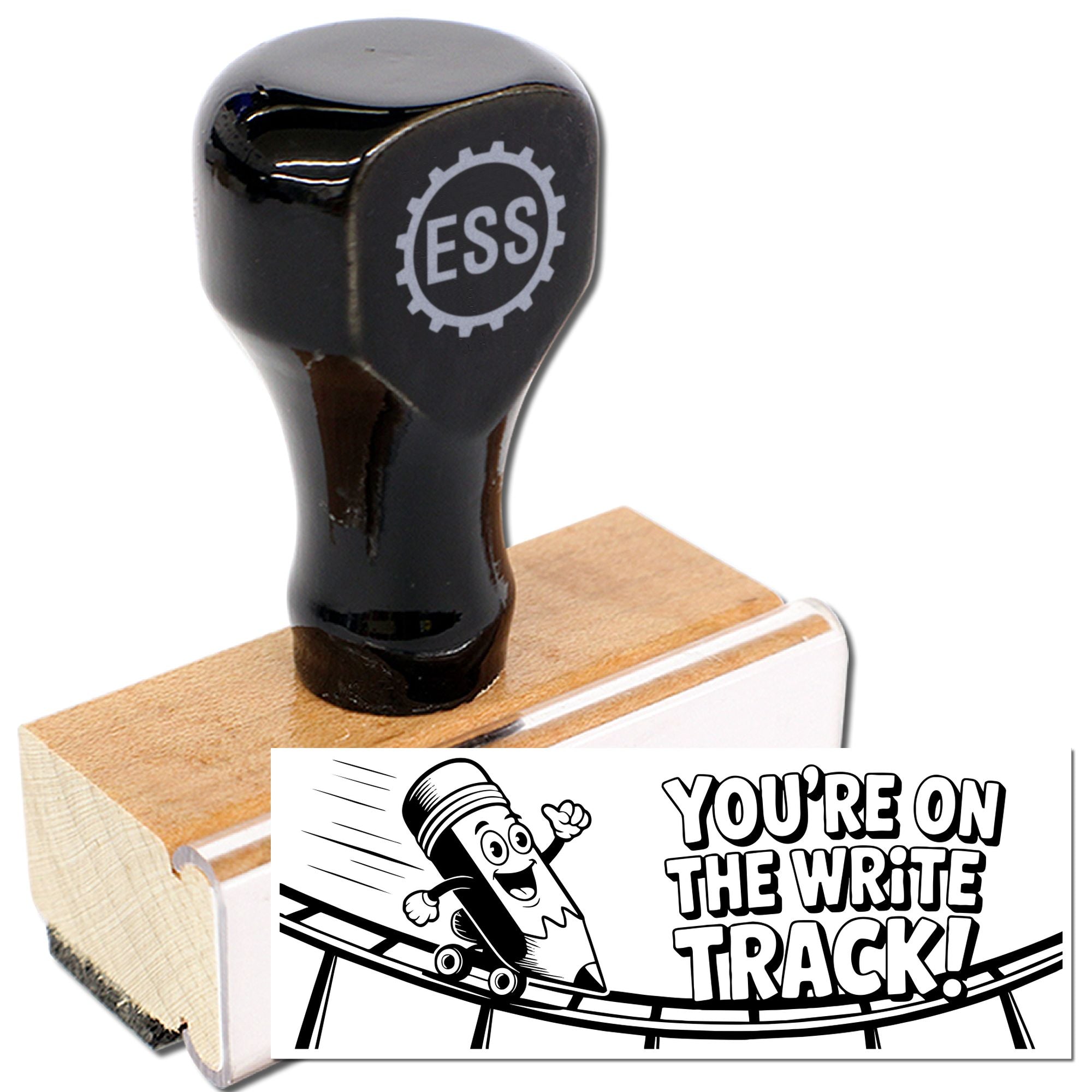 Black custom stamp seal with ESS logo on a wooden base, showing a pencil graphic and Youre on the write track! imprint.