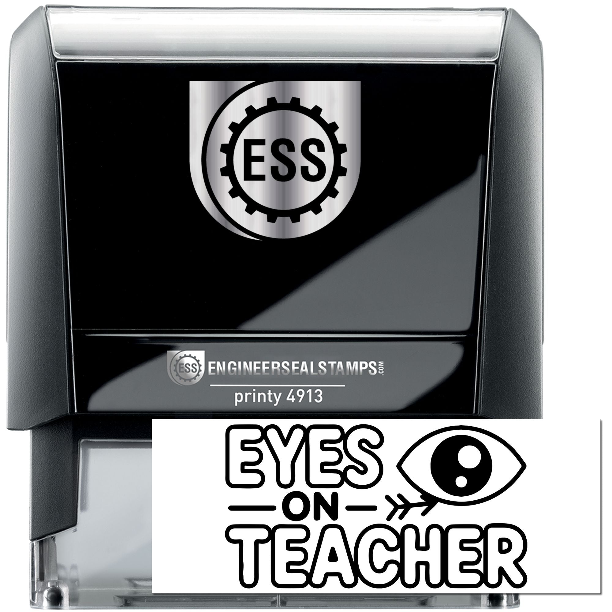 Black and gray self-inking stamp and seal set with silver ESS logo and Eyes on Teacher graphic.