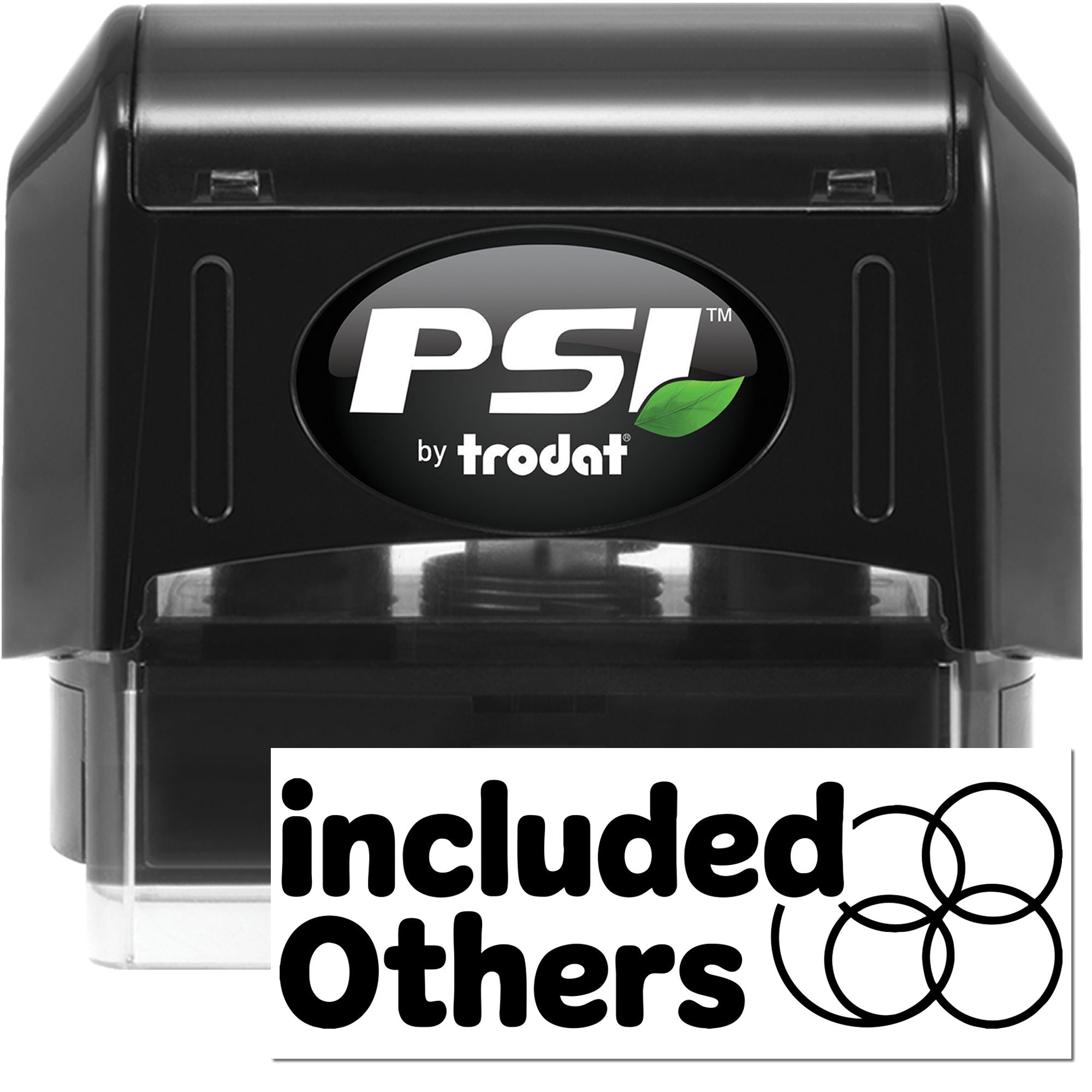 Black PSI by Trodat self-inking stamp and seal with green leaf logo, clear base, and included others label.