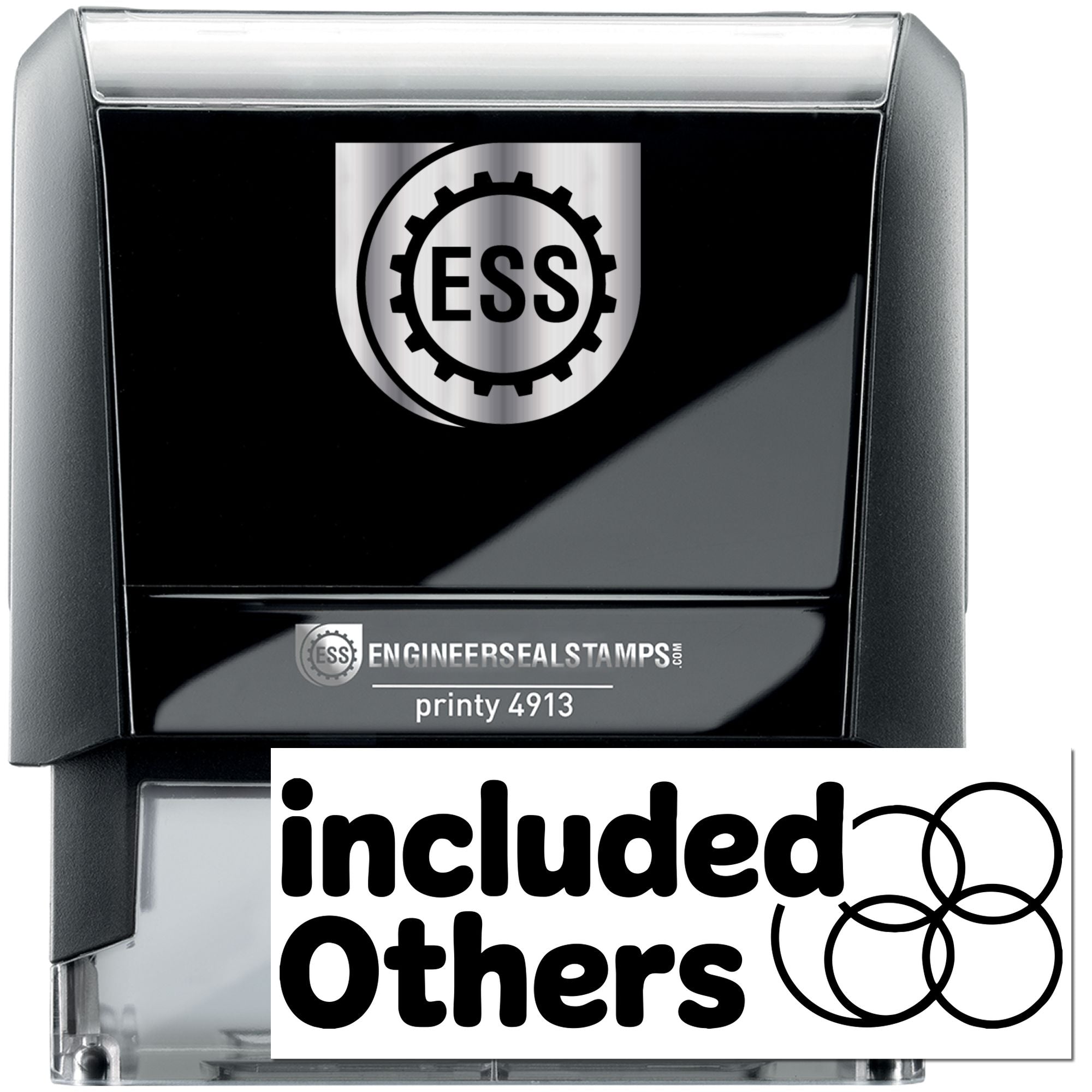 Black and silver self-inking engineer seal stamp with ESS logo, Printy 4913, and included inserts.