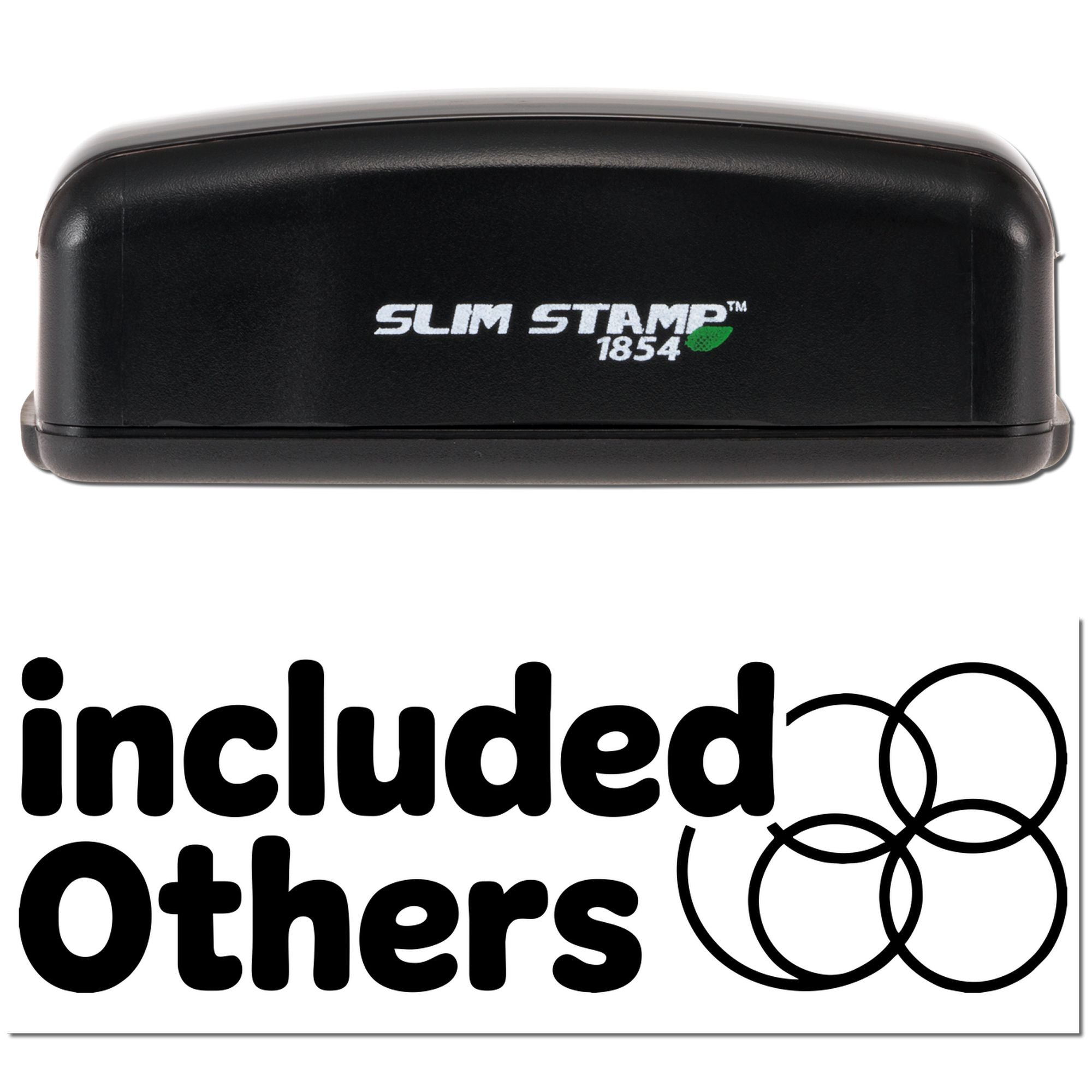 Black Slim Stamp 1854 stamp and seal in black with white logo, green leaf accent, and Included Others branding on white background.