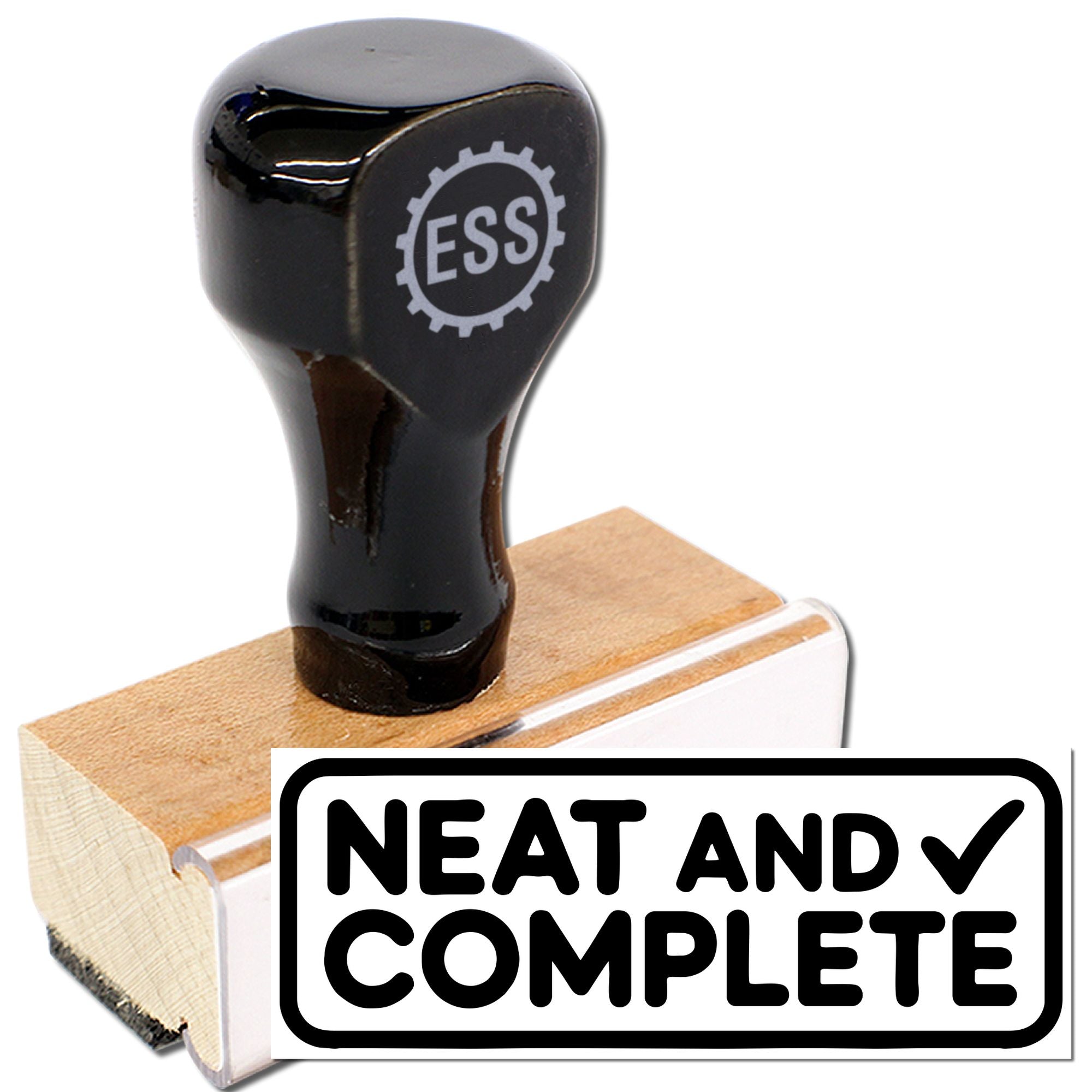 Black ESS rubber stamp with wooden base and white Neat and Complete seal label