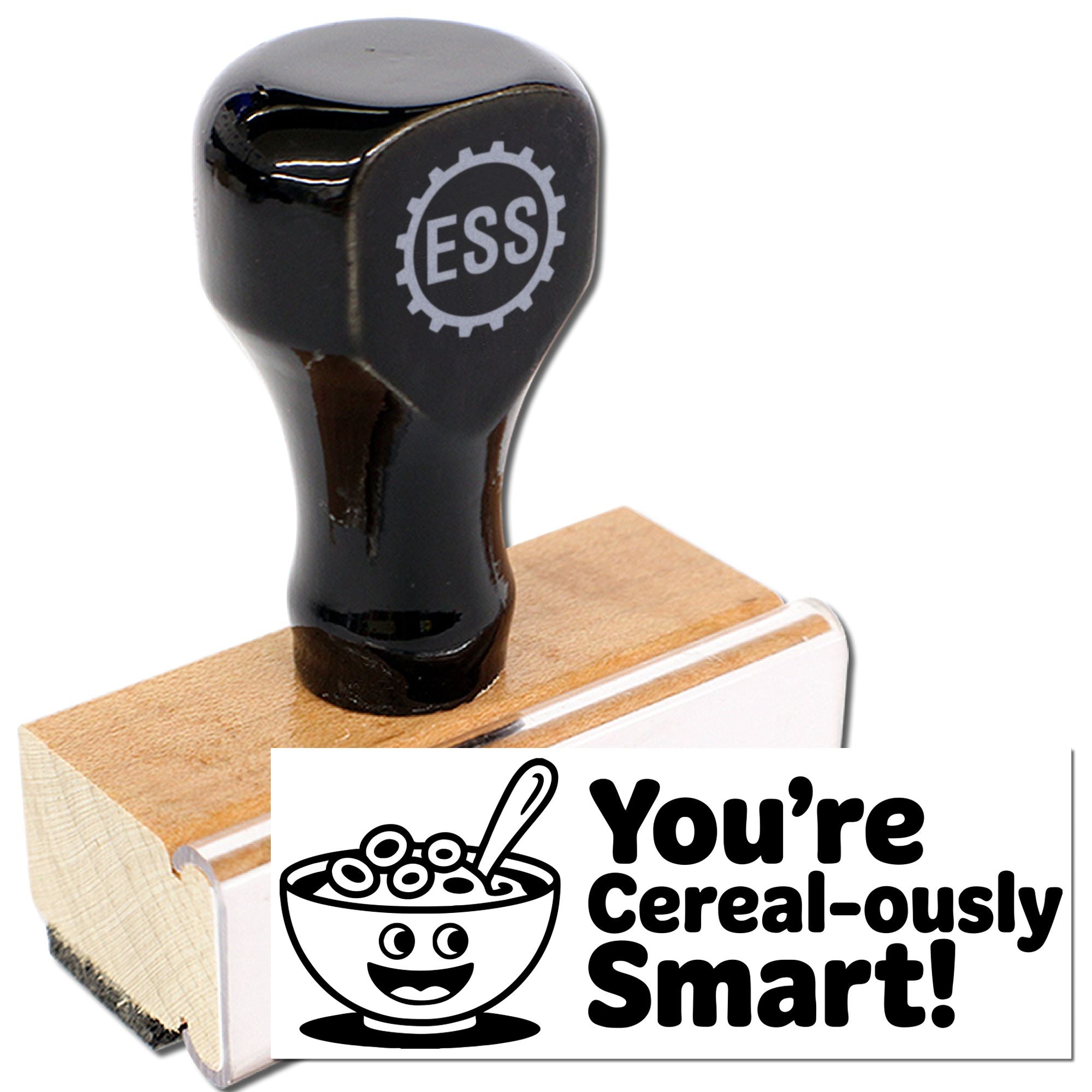 Black ESS stamp and seal on a wooden base with a Youre Cereal-ously Smart! cereal bowl graphic.