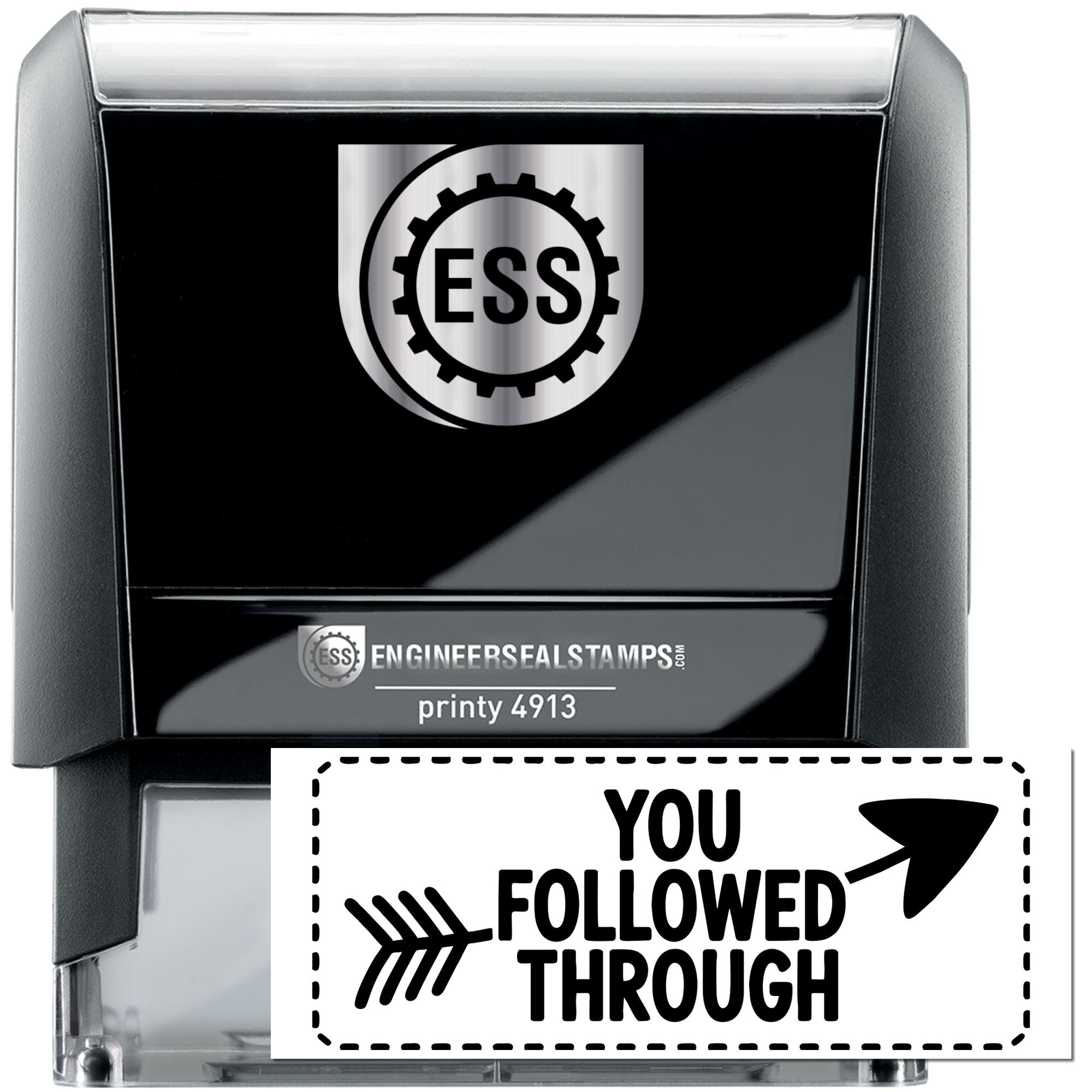Black self-inking stamp and seal set with silver accents, ESS logo, and You Followed Through design.