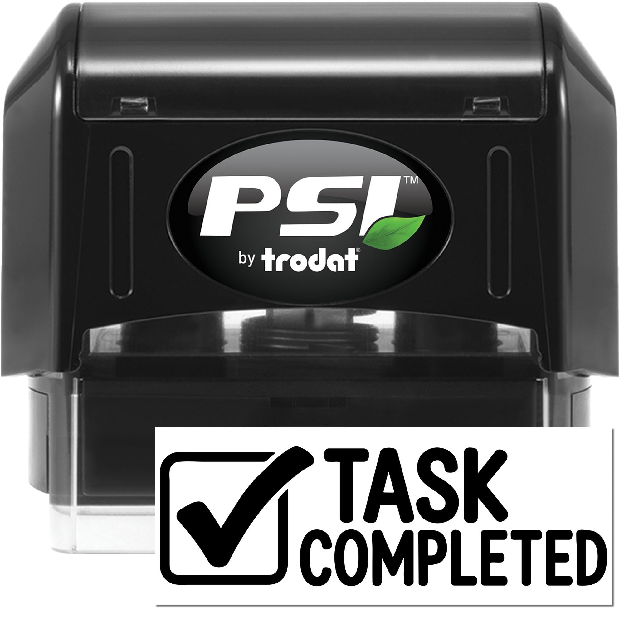 Black PSI by Trodat self-inking stamp and seal, black with green leaf logo and Task Completed imprint panel