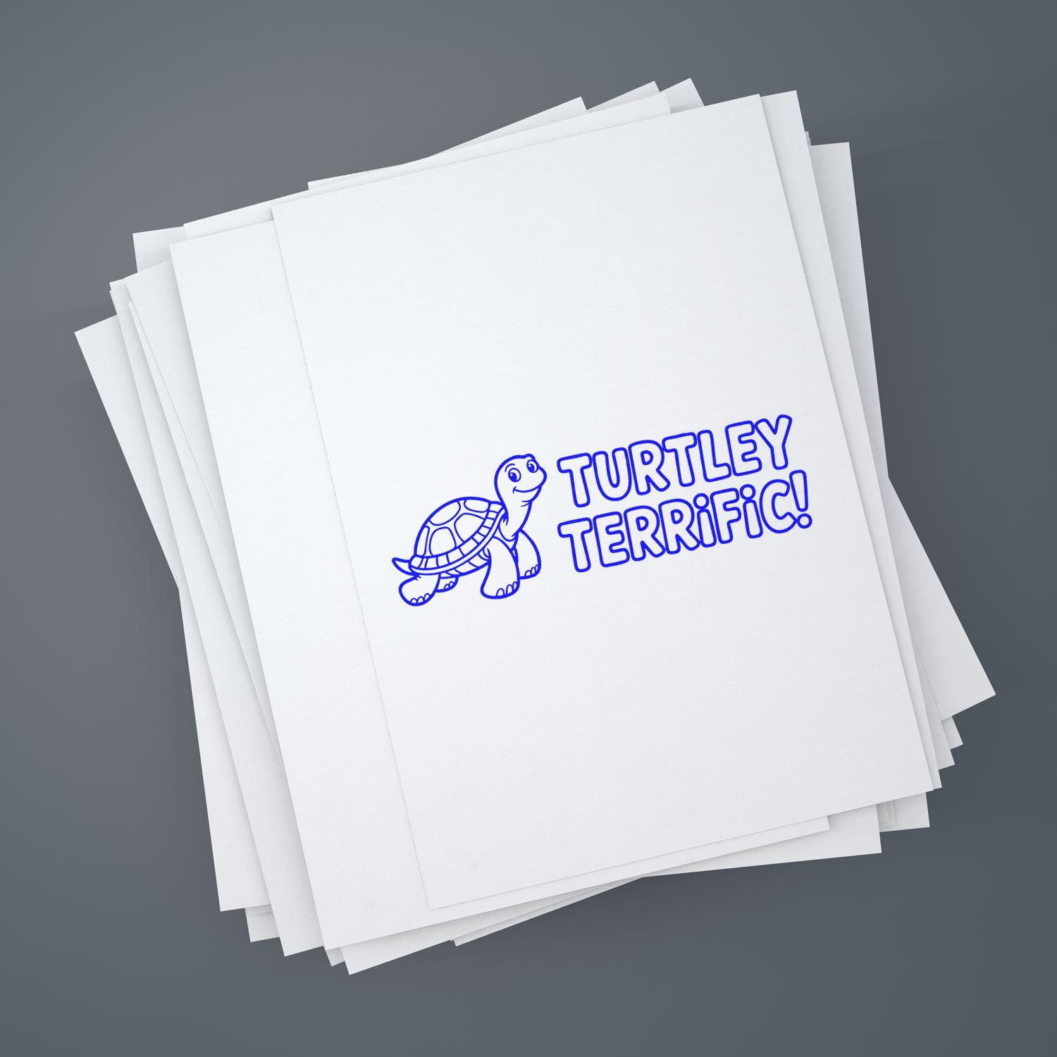 Stack of white stamp sheets with a blue turtle seal and Turtley Terrific! text on gray background.
