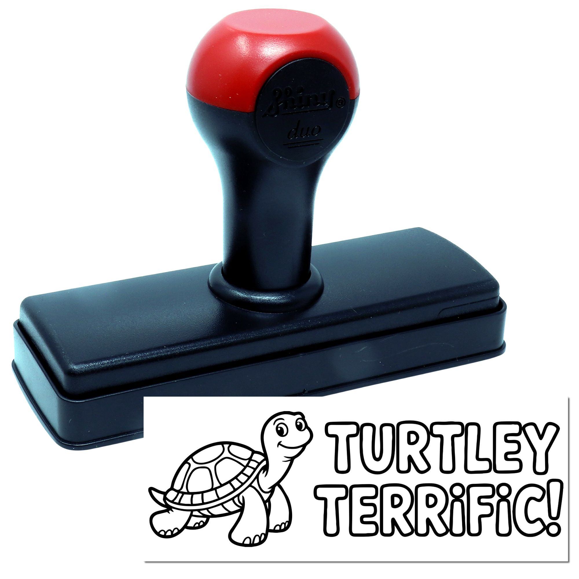 Red and black self-inking stamp with turtle seal design and TURTLEY TERRIFIC! text