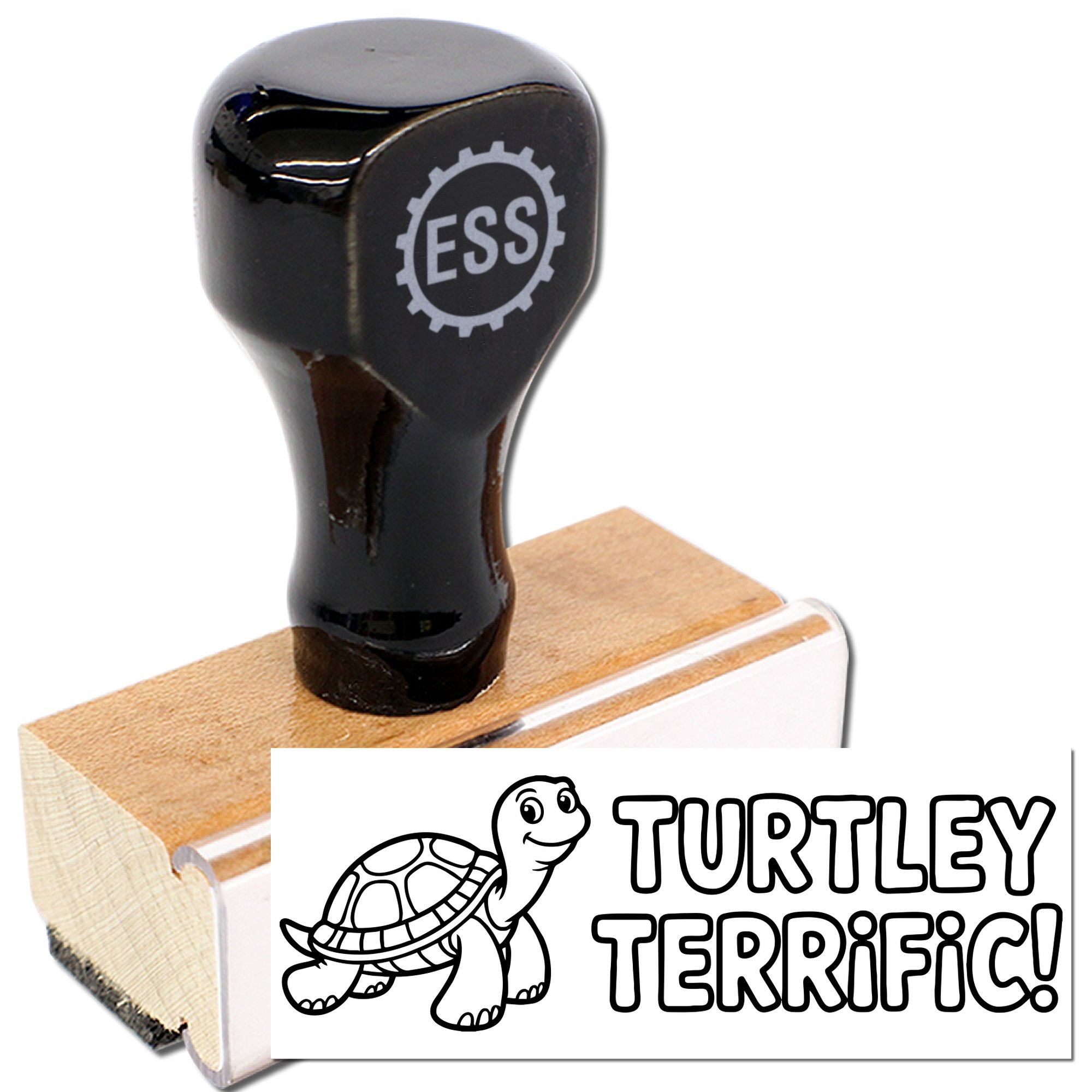 Black ESS rubber stamp seal on wood block, featuring a turtle design and bold TURTLEY TERRIFIC! text.
