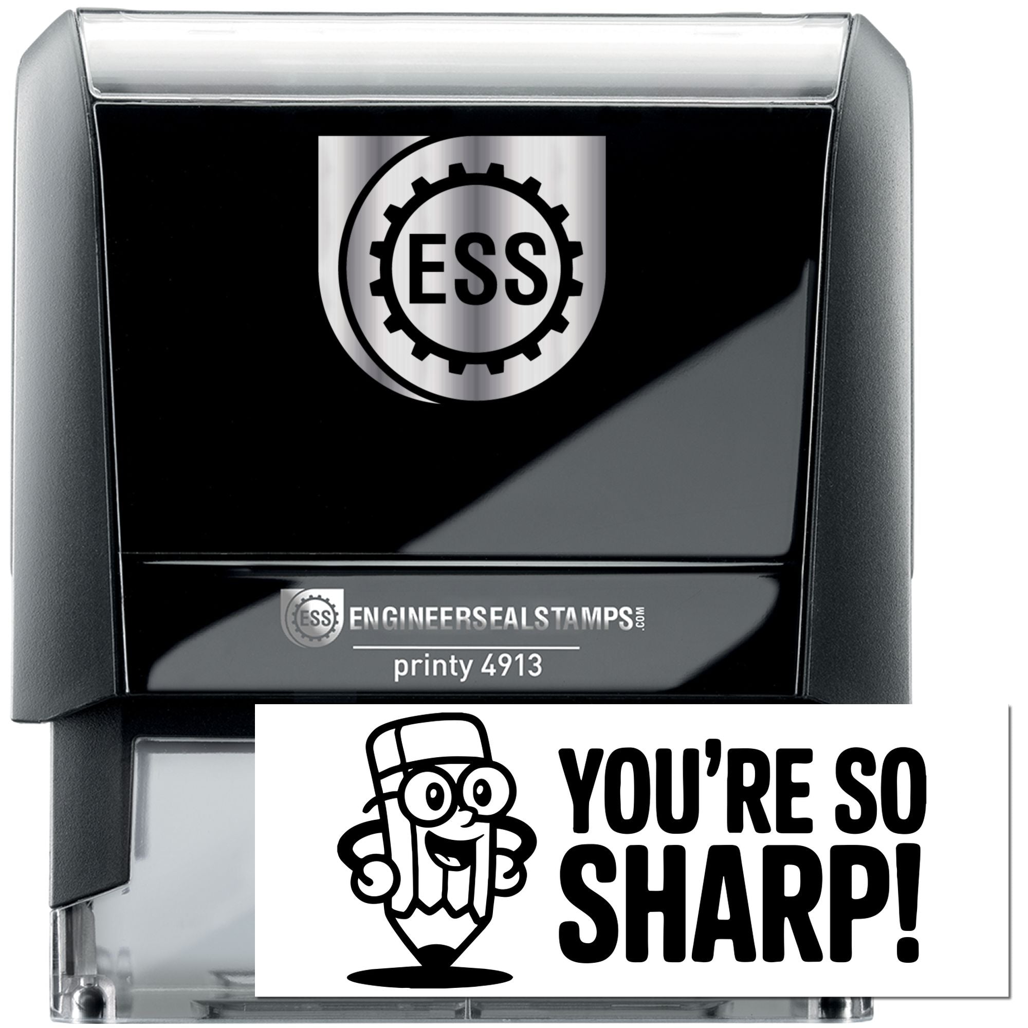 Black self-inking engineer seal stamp with silver ESS logo and white Youre so sharp! design