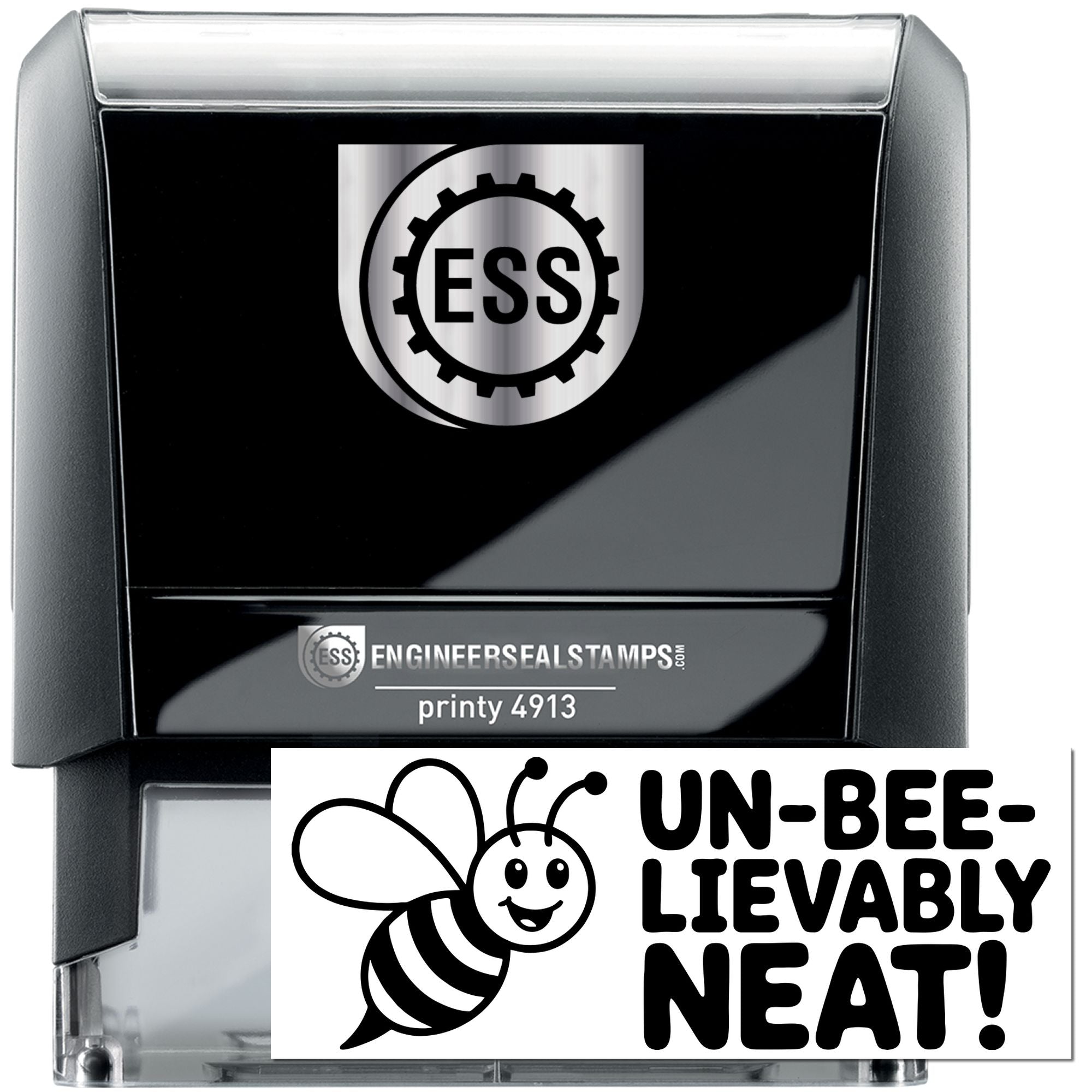Black and gray self-inking stamp and seal with ESS gear logo and bee graphic reading UN-BEE-LIEVABLY NEAT!
