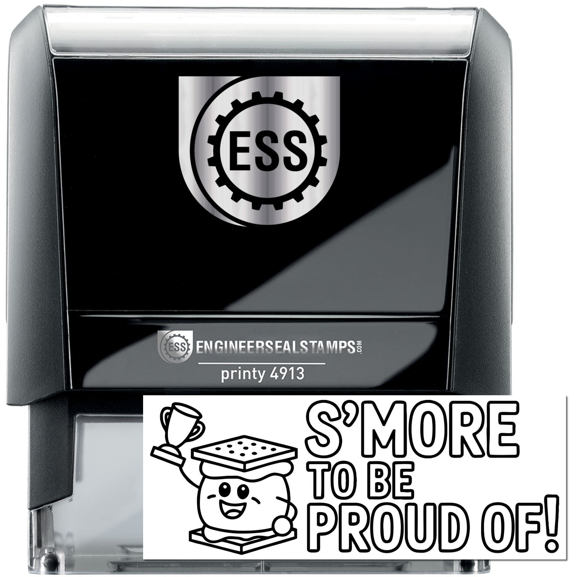 Black self-inking stamp and seal with silver-gray case, ESS logo, and Smore to be proud of design.
