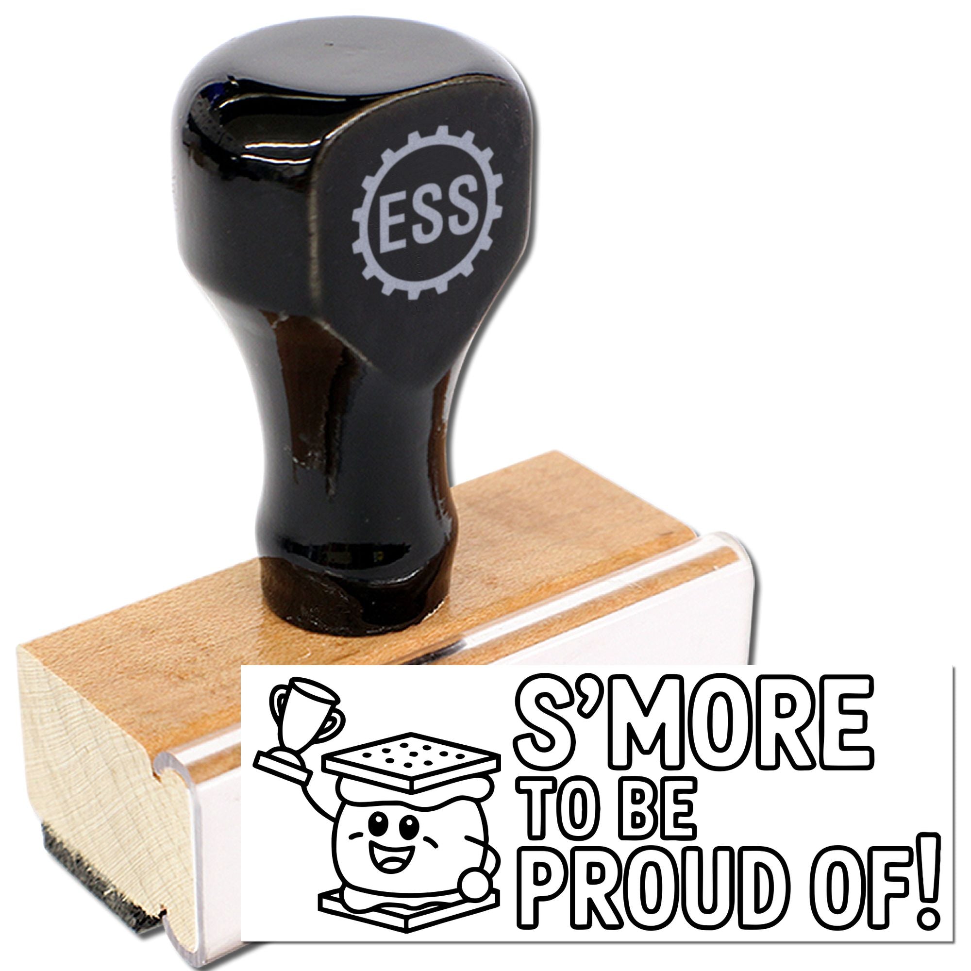 Black rubber stamp with ESS logo on wooden base and white seal reading SMORE TO BE PROUD OF!