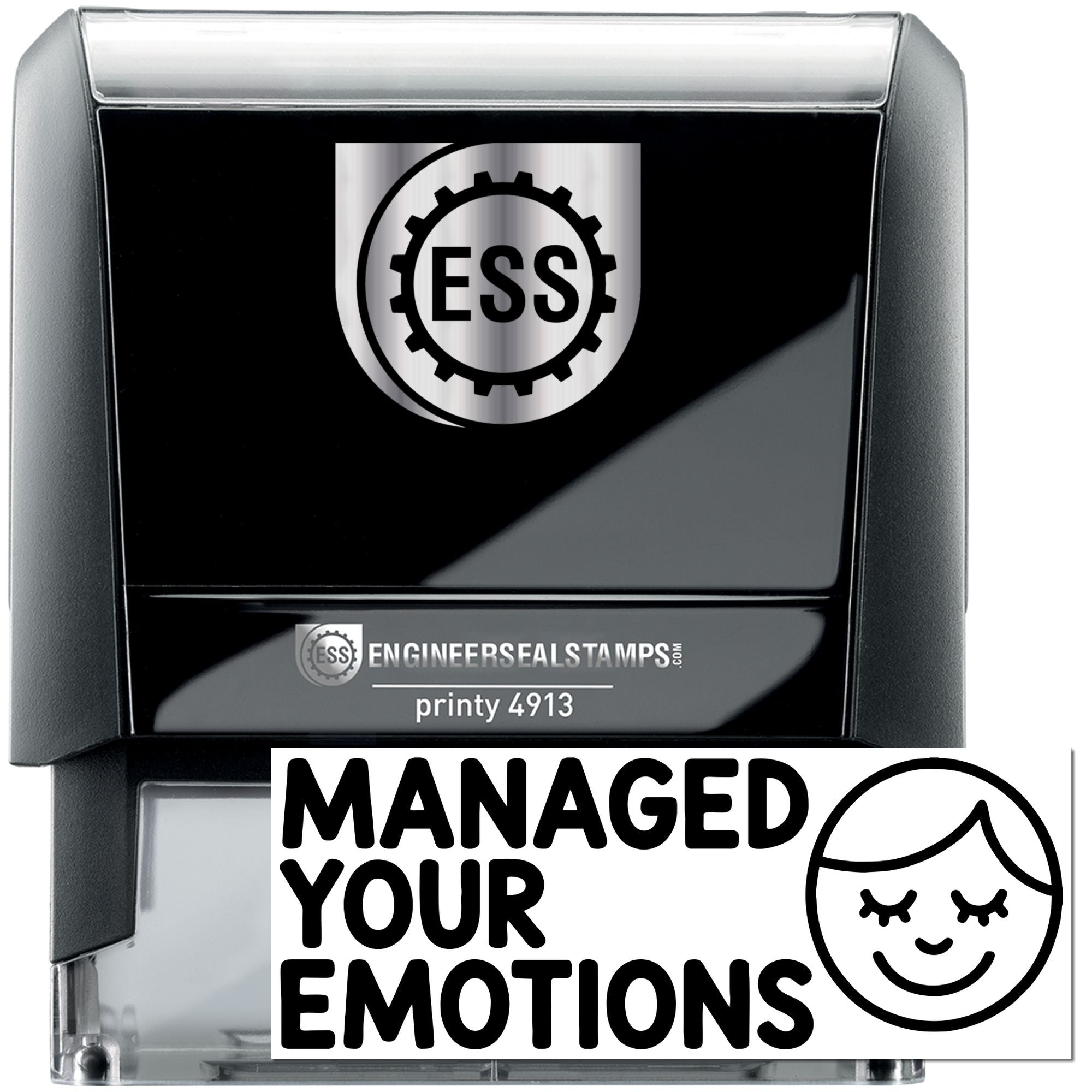 Black and silver Engineer Seal Stamps self-inking stamp with ESS gear logo and Managed Your Emotions design.