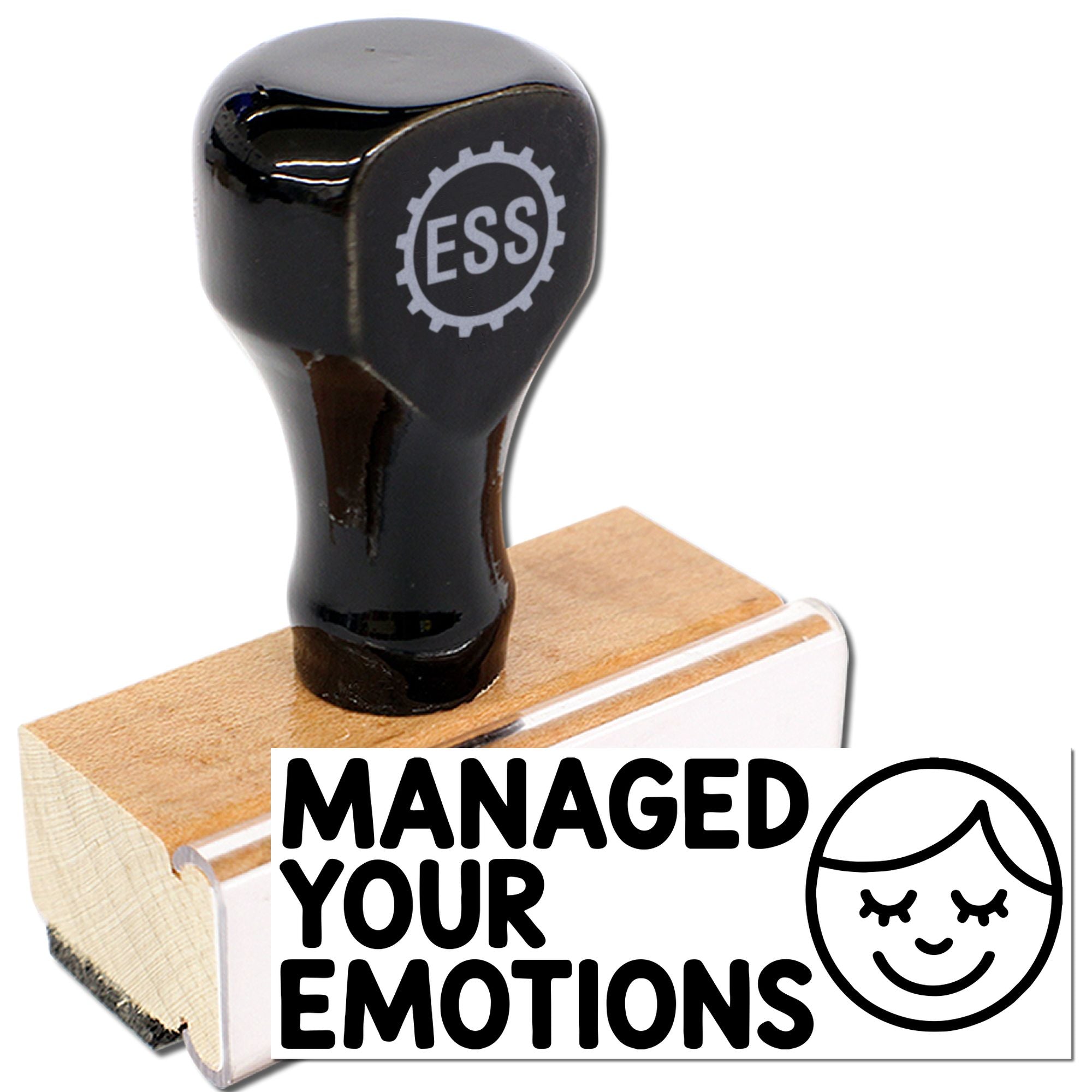 Black rubber stamp and seal with ESS logo on a wooden block, showing MANAGED YOUR EMOTIONS and a face icon.