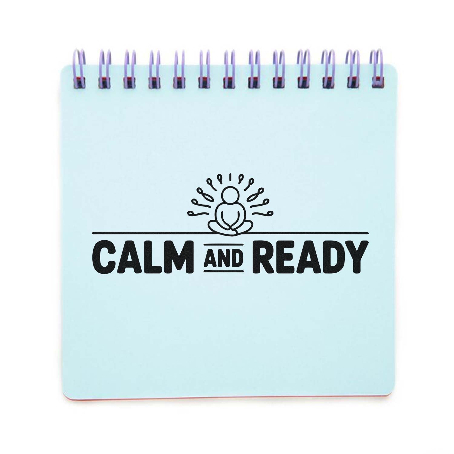 Light blue spiral-bound notebook featuring a black Calm and Ready stamp seal with meditating figure.