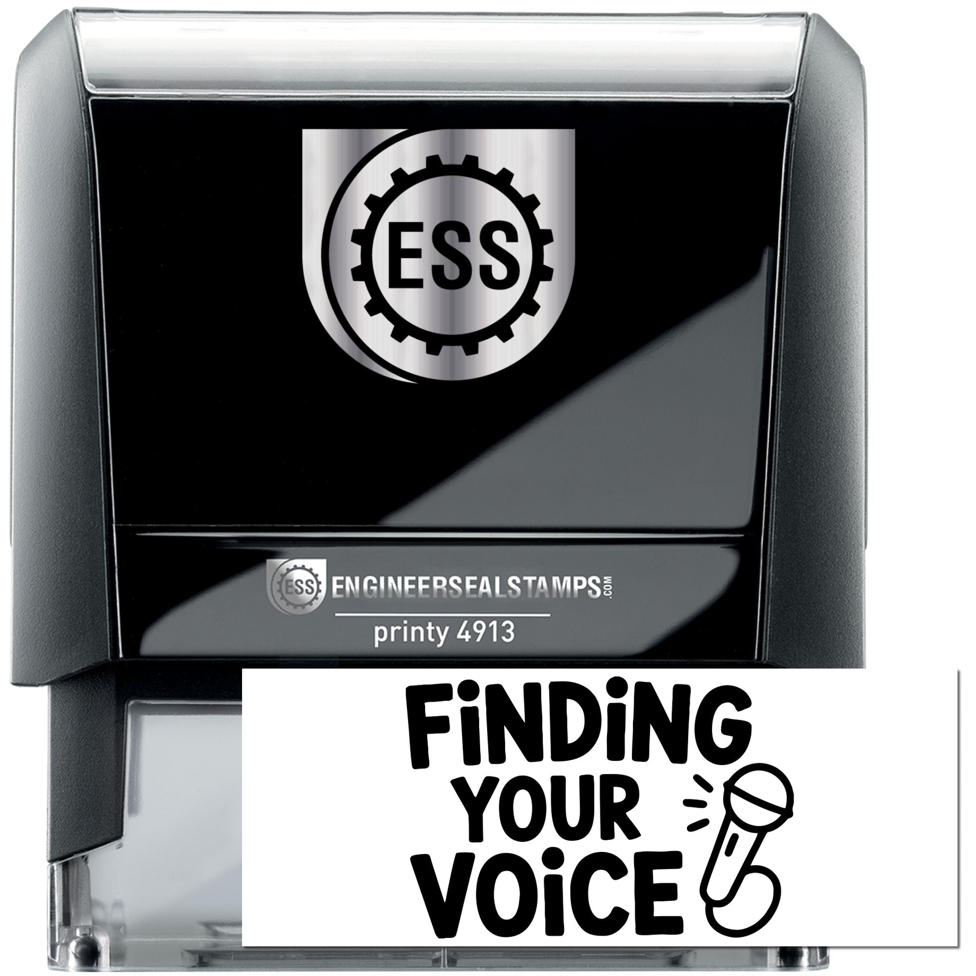 Black self-inking engineer seal stamp with silver top, ESS logo, and Finding Your Voice impression card.