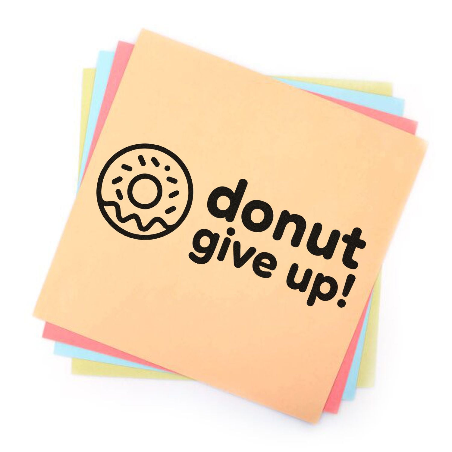 Pastel paper stamp seals with black donut icon and donut give up! text in peach, pink, blue, and yellow.