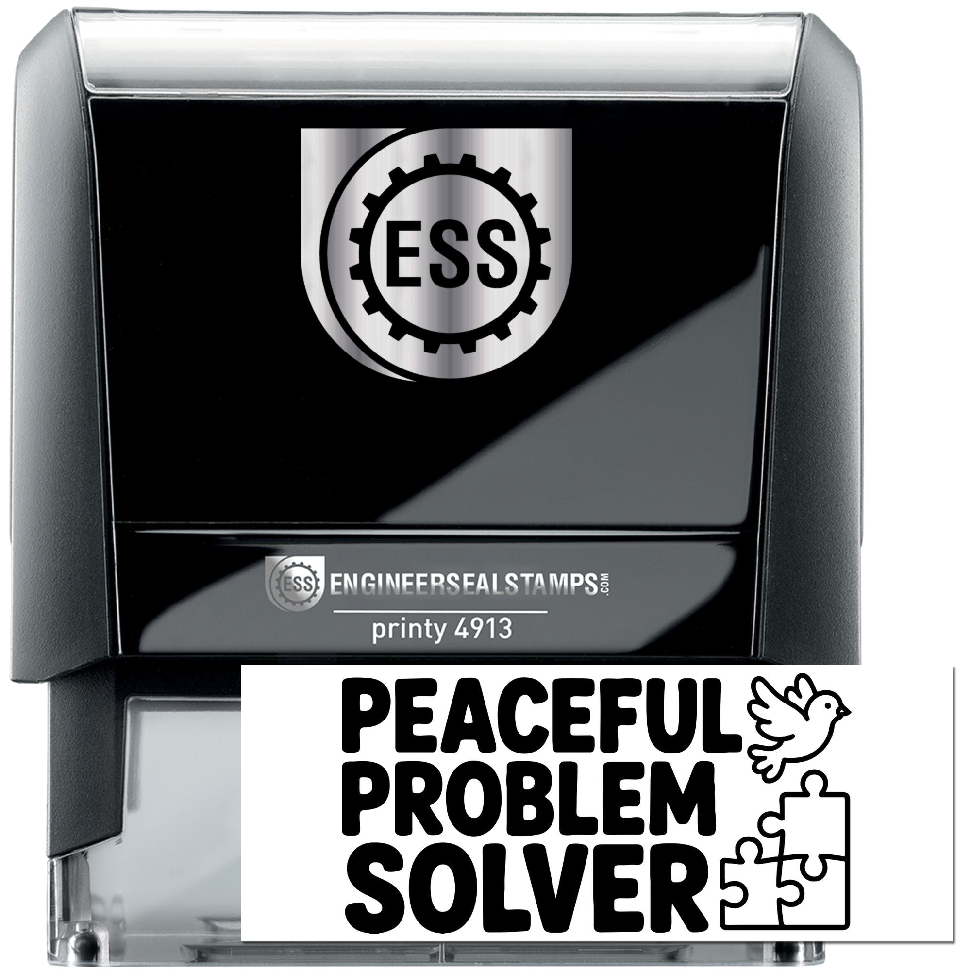 Black and silver self-inking stamp and seal with ESS logo; Peaceful Problem Solver graphic, dove, and puzzle pieces.
