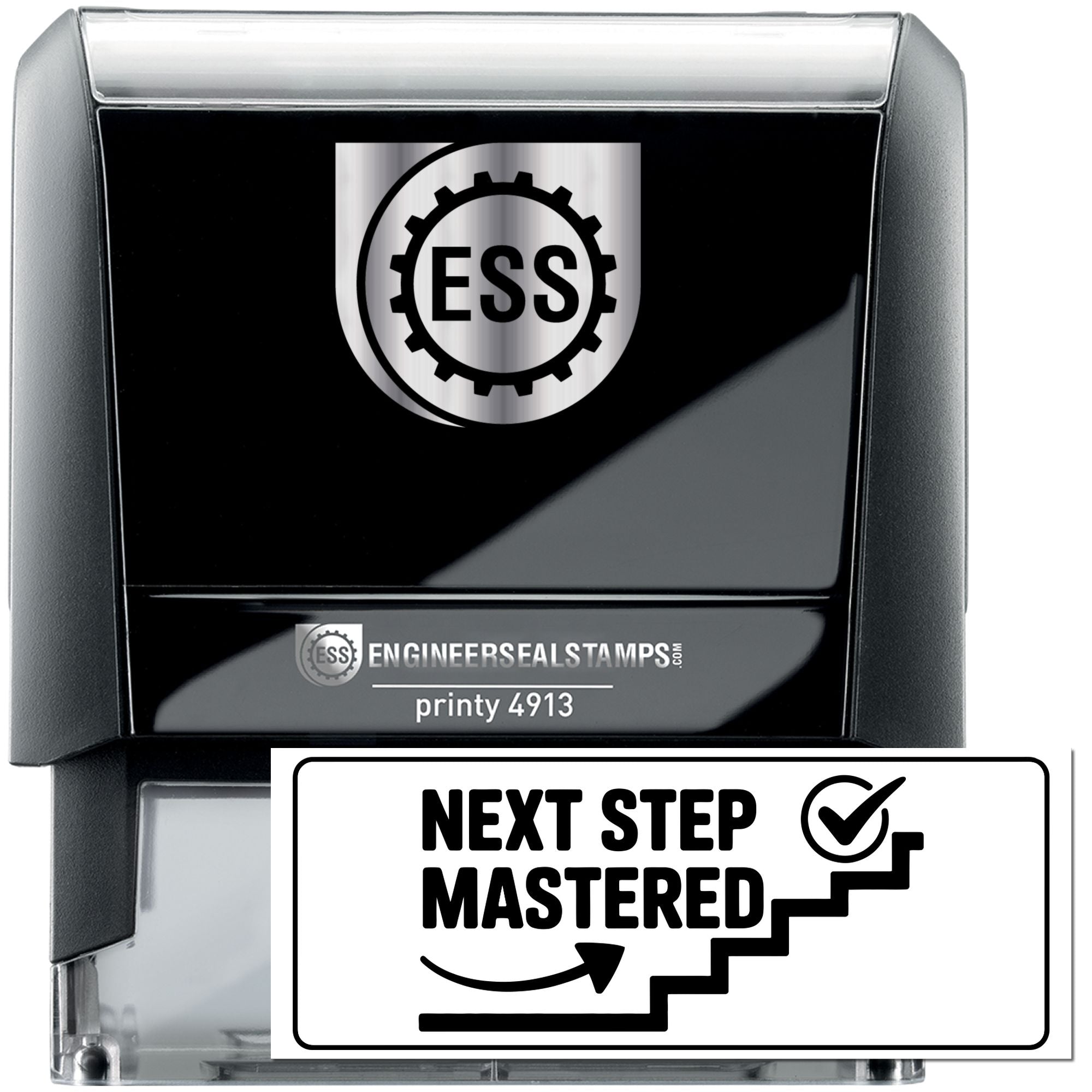 Black and gray self-inking engineer seal stamp with ESS logo and Next Step Mastered seal
