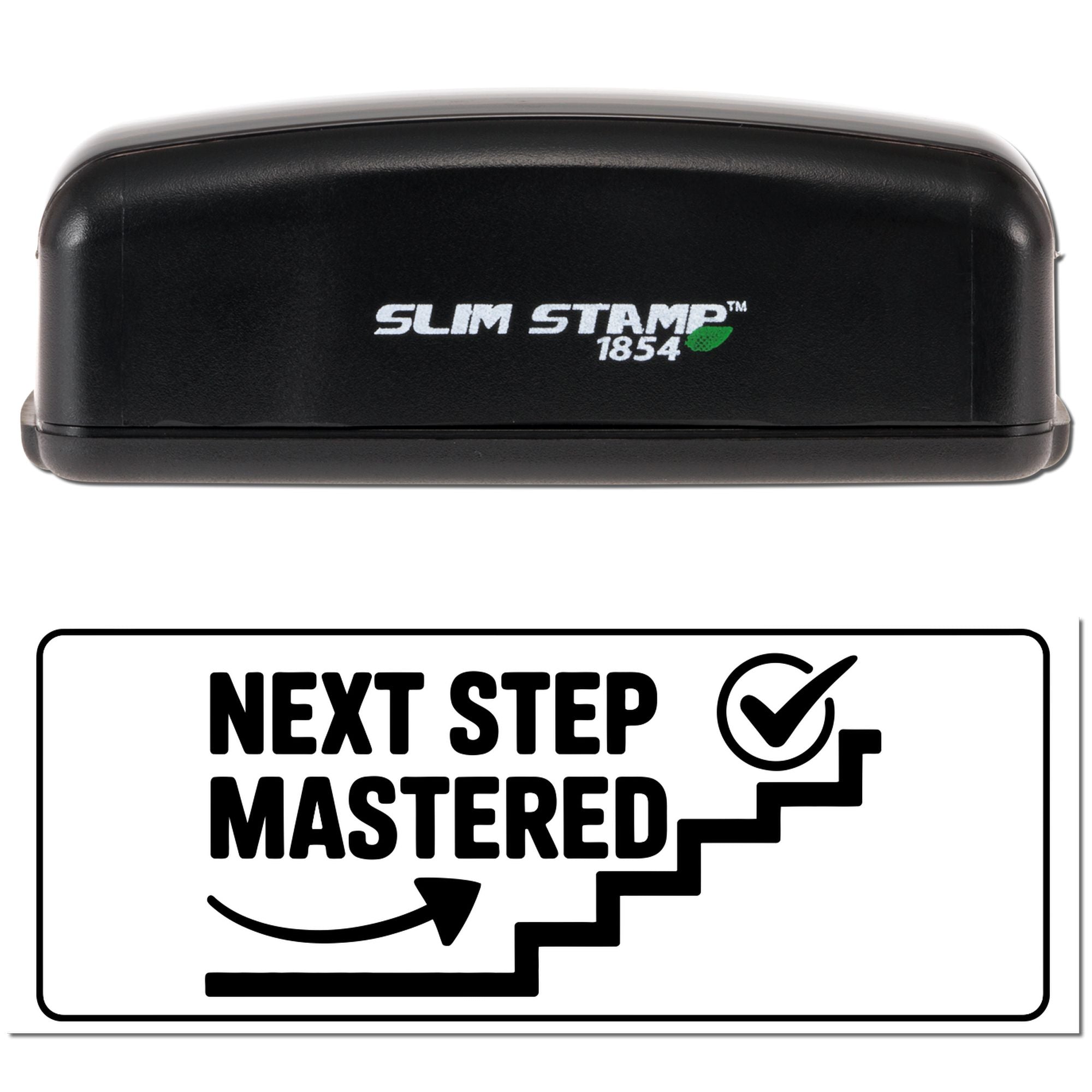 Black Slim Stamp 1854 stamp and seal product with NEXT STEP MASTERED design, checkmark, arrow, and staircase icon.
