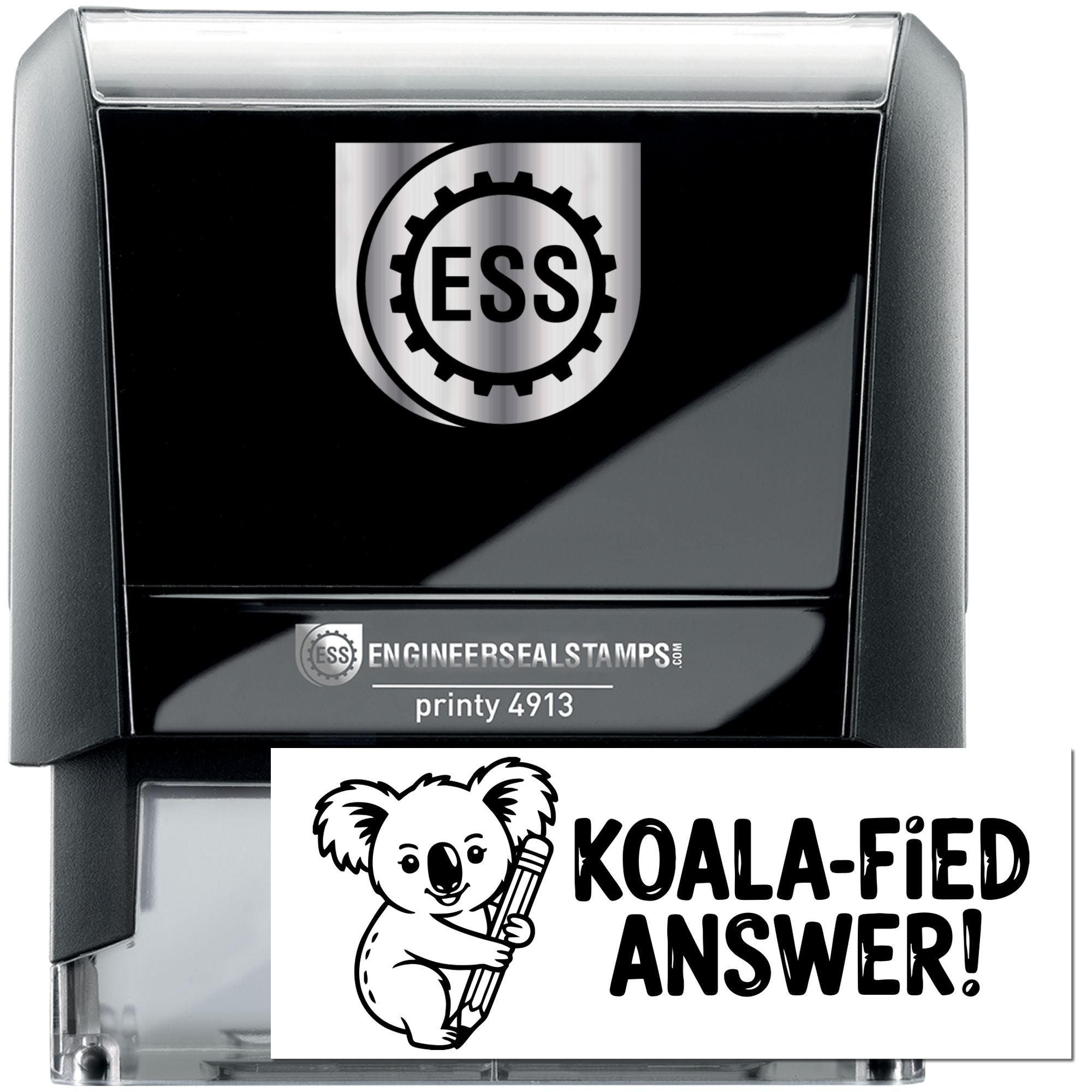 Black and silver self-inking stamp and clear seal stamp with ESS logo and Koala-Fied Answer design