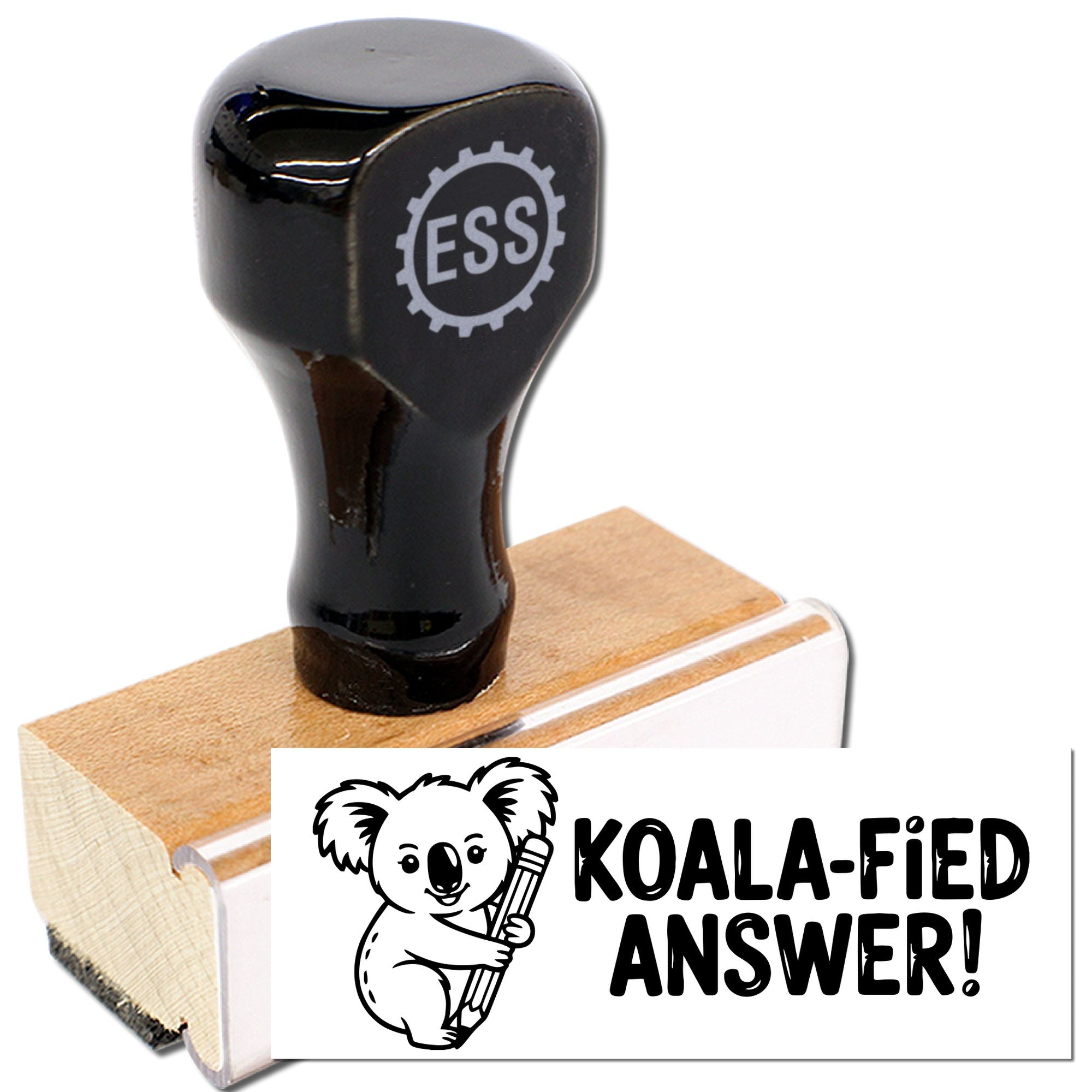 Black custom stamp seal with wood mount, featuring Koala-Fied Answer logo and koala graphic