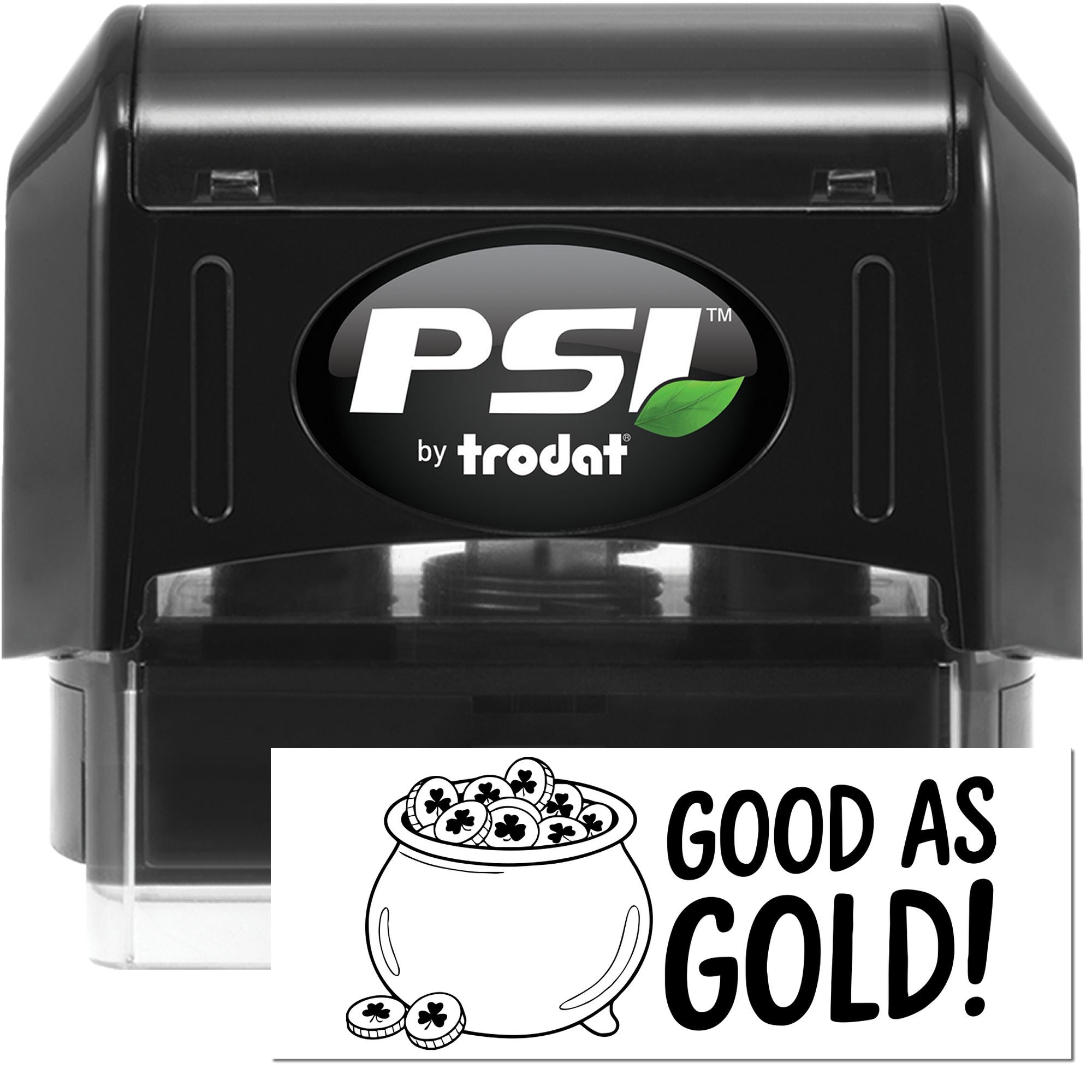 Black PSI by Trodat self-inking stamp and seal with clear case, featuring Good As Gold! pot-of-gold design.