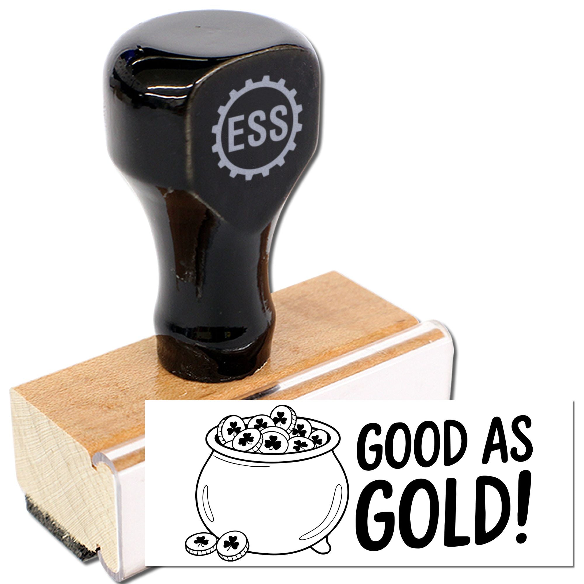 Black custom stamp and wooden seal with GOOD AS GOLD pot-of-gold design on a white background.