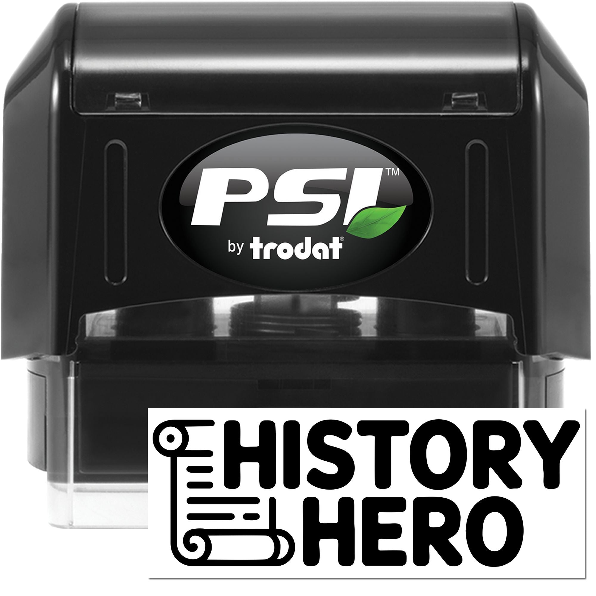 Black PSI by Trodat self-inking stamp and seal product with green leaf logo and History Hero branding