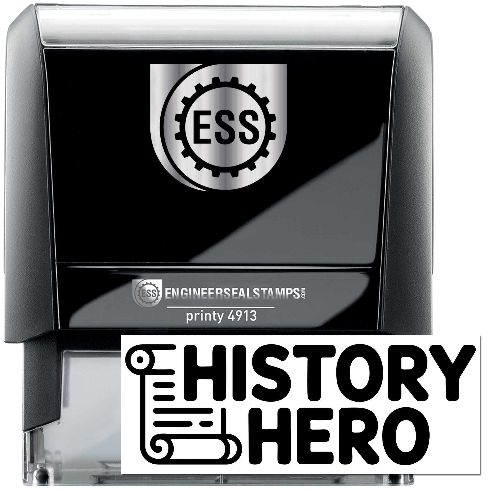Black and silver ESS self-inking stamp and clear seal embosser with Engineer Seal Stamps branding and History Hero logo.