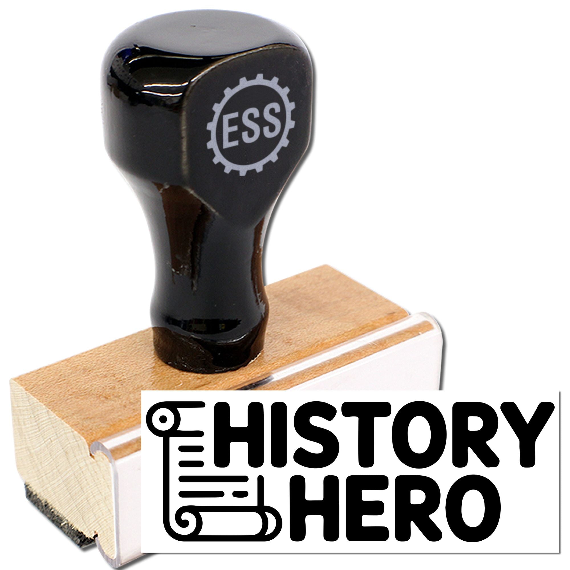 Black ESS rubber stamp seal on tan wood block with white HISTORY HERO branding.