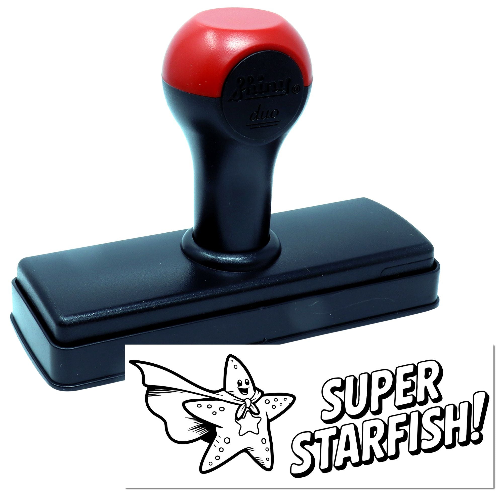 Red and black self-inking stamp with Super Starfish seal design and star character.