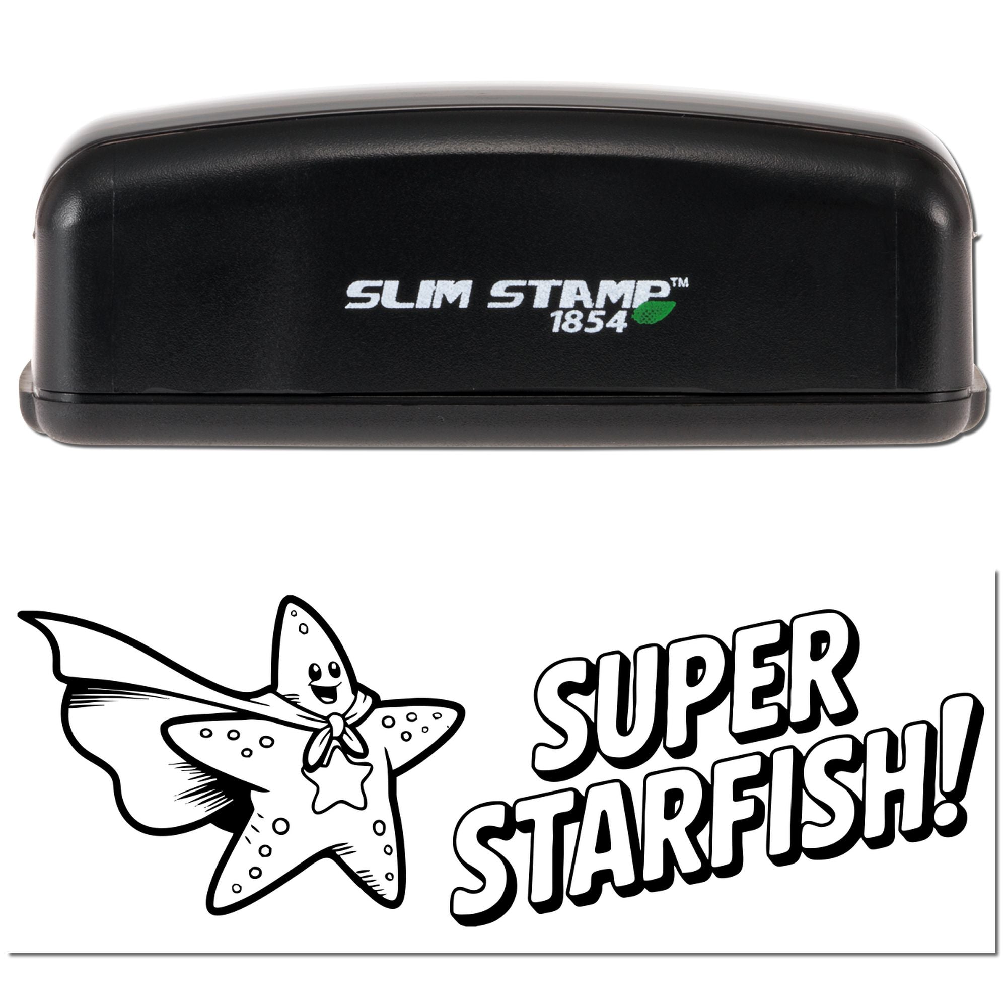 Black Slim Stamp 1854 with green logo, showing a custom seal featuring a smiling starfish and bold SUPER STARFISH! text.