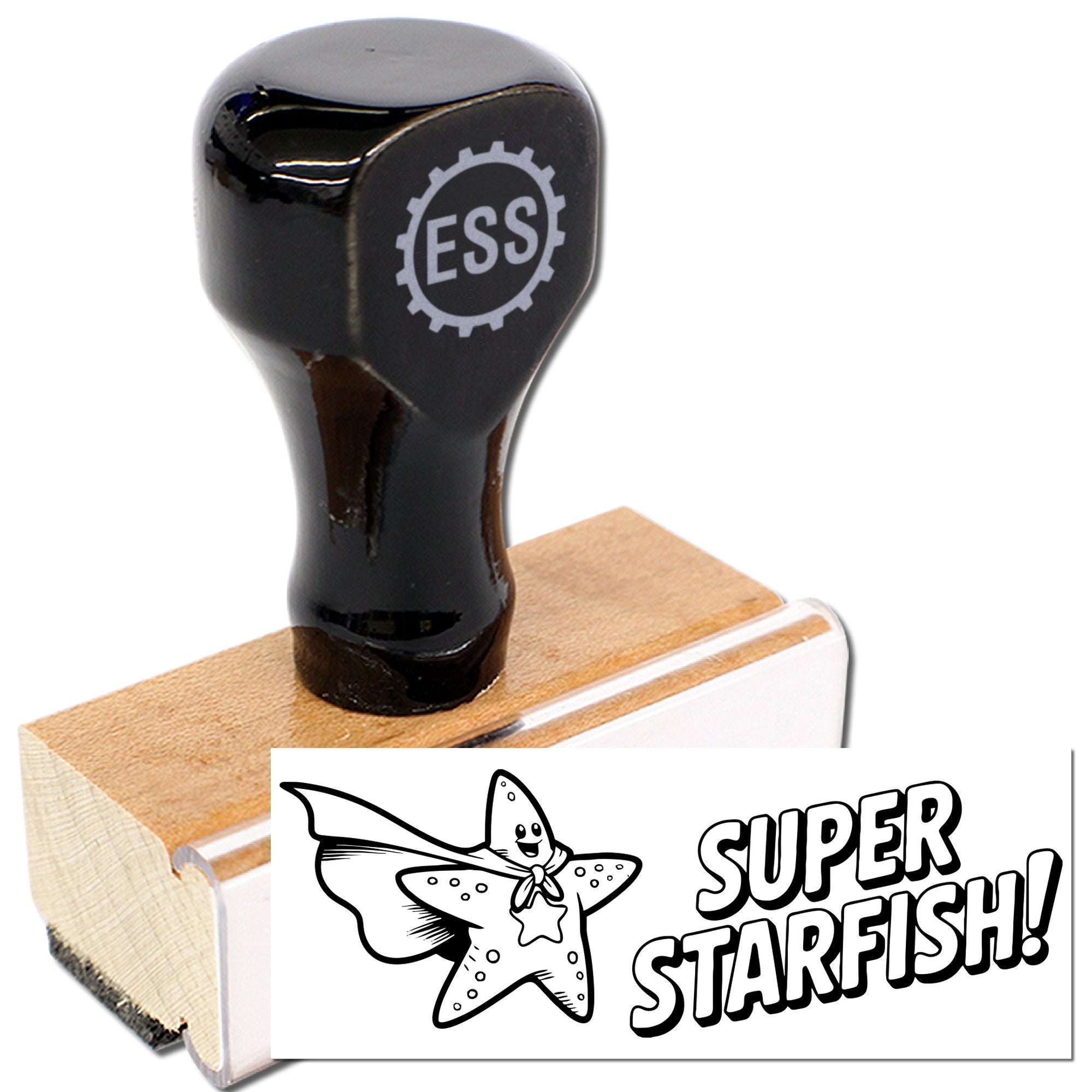 Glossy black ESS rubber stamp with wooden handle and white Super Starfish seal design card.