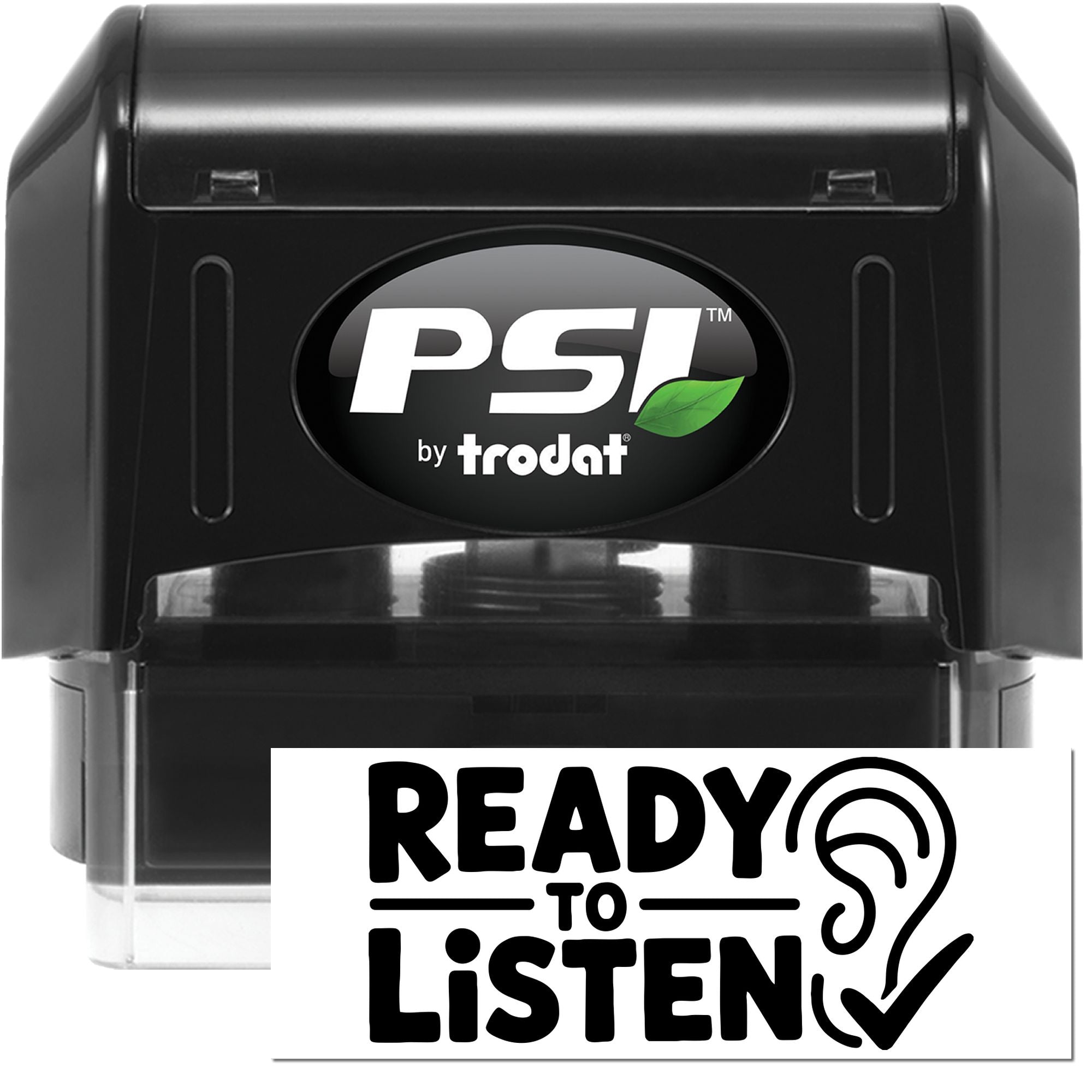 Black PSI by Trodat self-inking stamp and seal set with green leaf logo and white Ready to Listen imprint.