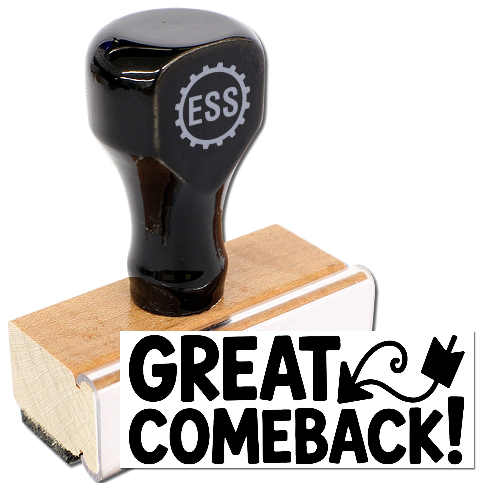 Black ESS rubber stamp with wooden base and Great Comeback! seal design