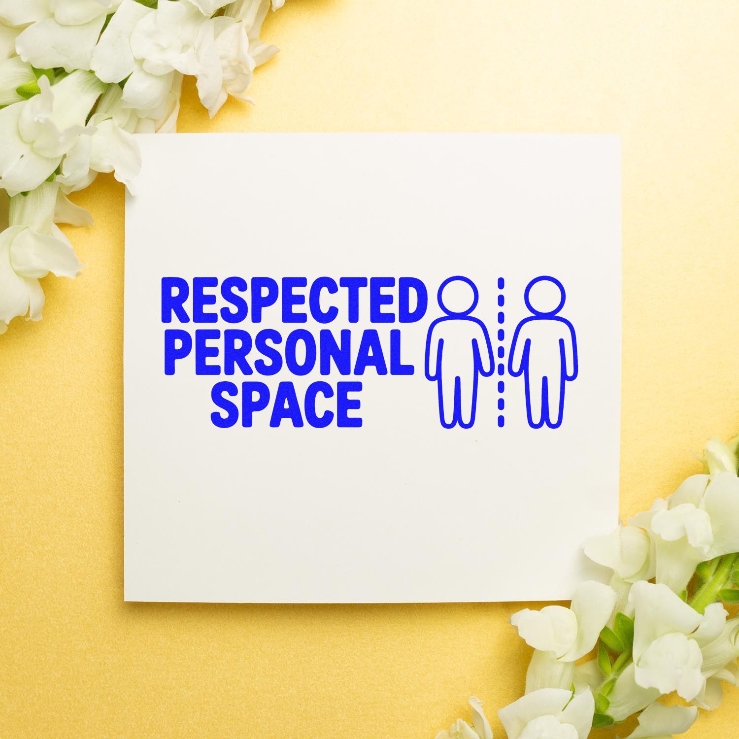 Blue Respected Personal Space stamp and seal with two figures, on white card, white flowers, yellow background